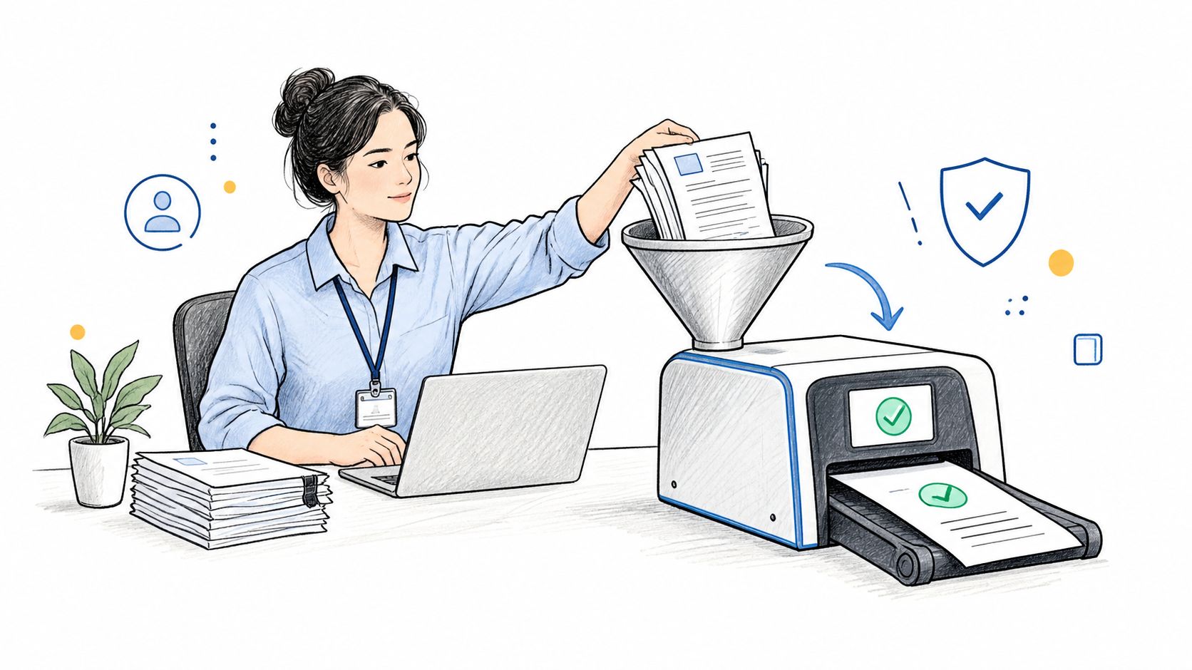 A professional woman scanning documents into a machine to verify security license status and compliance.