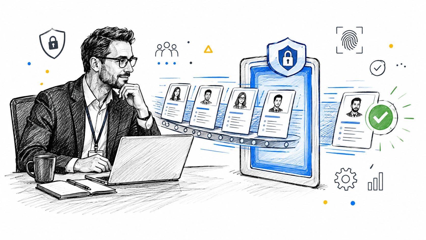 A professional man at a laptop reviewing digital employee profiles through a secure verification process system.