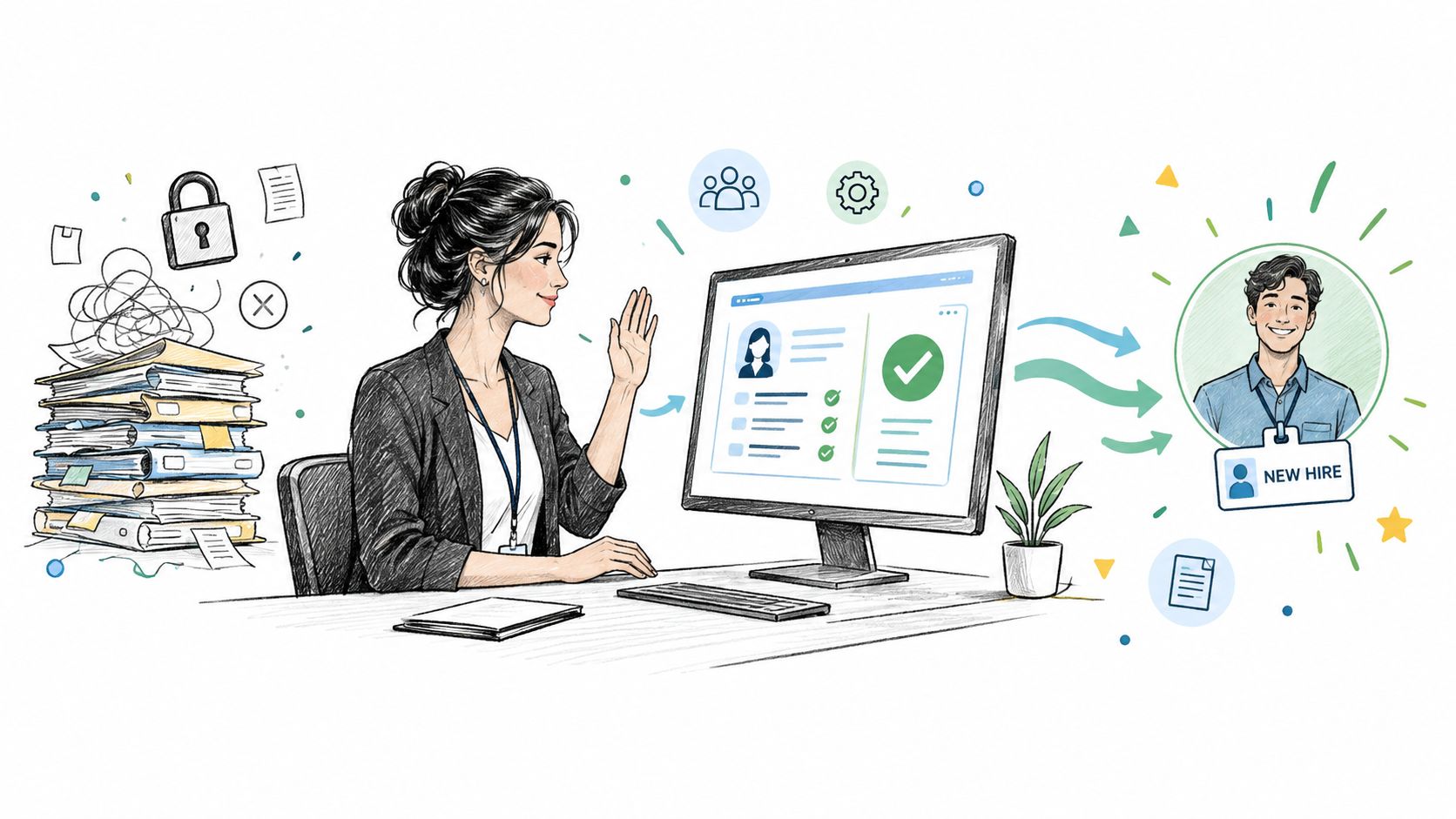 A professional woman uses software on a computer screen to efficiently manage a new employee onboarding process.