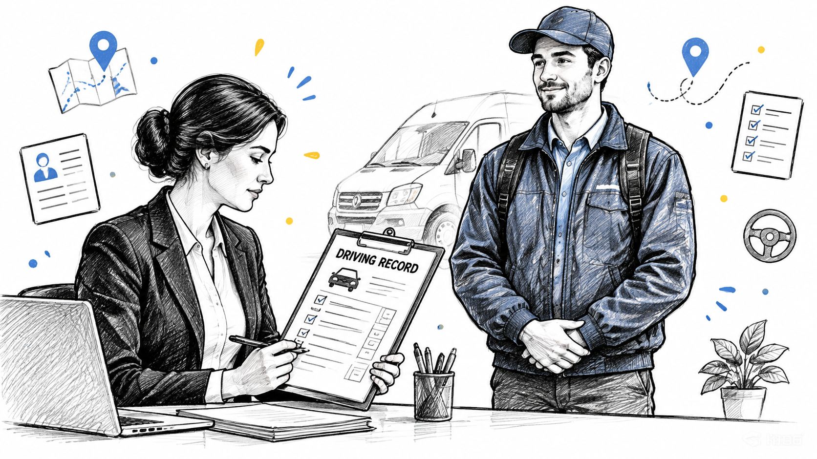 A businesswoman reviewing a driver's record while a delivery driver stands by in a professional office.