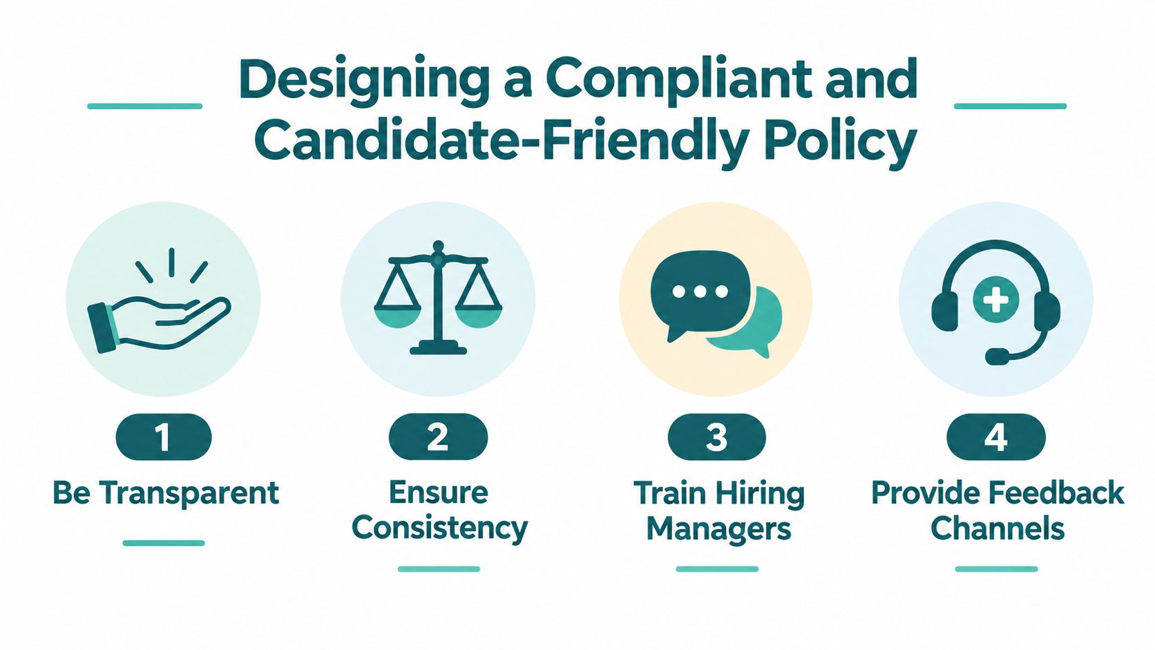 A diagram outlining four steps for designing a compliant and candidate-friendly hiring policy for organizations.