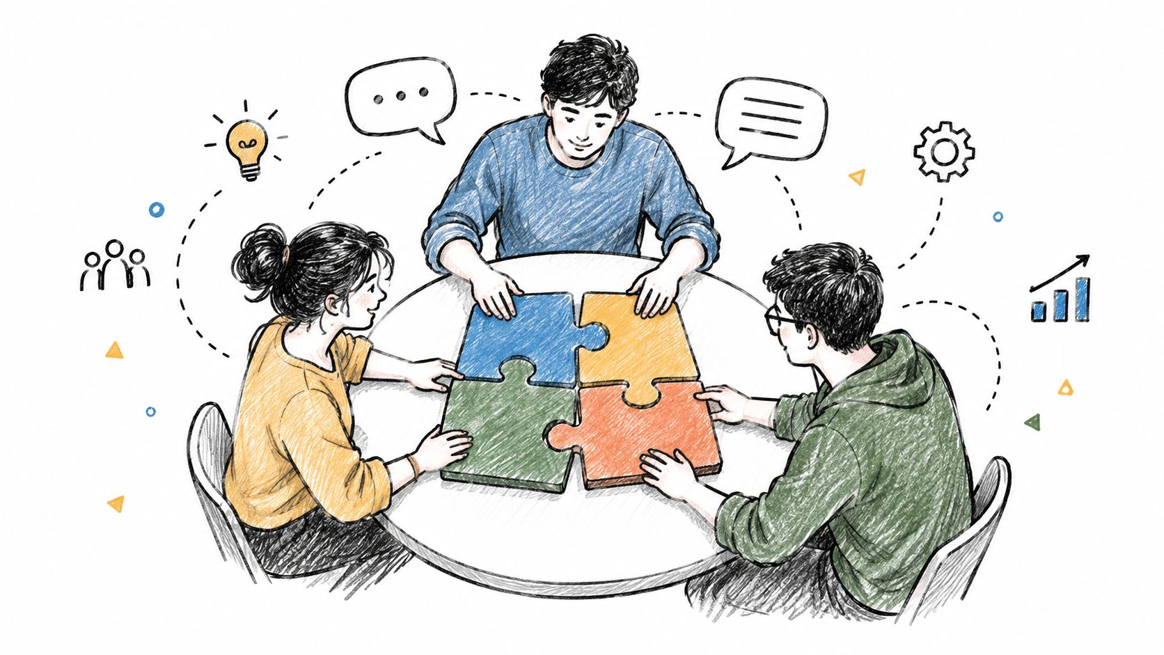 Three colleagues collaborating on a jigsaw puzzle at a round table representing teamwork and creative problem solving.
