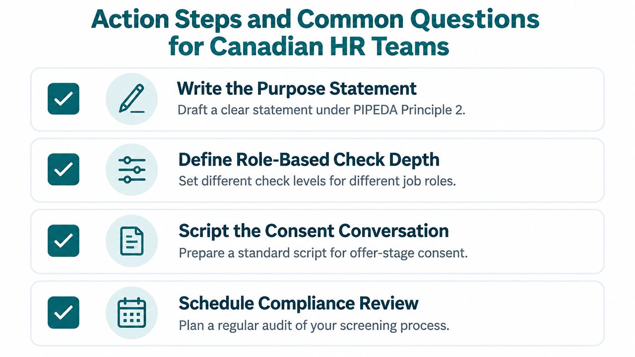 A list of four action steps for Canadian HR teams regarding background screening and PIPEDA compliance.