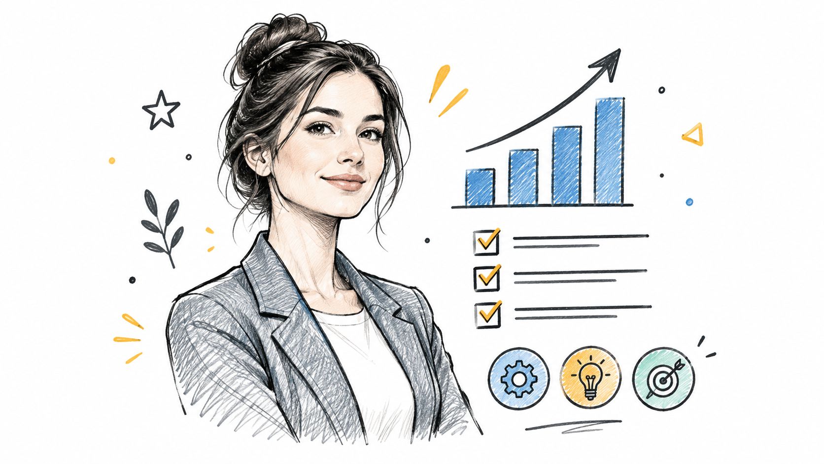 A professional woman with a hair bun, sketched next to business growth graphs and goal-oriented icons.