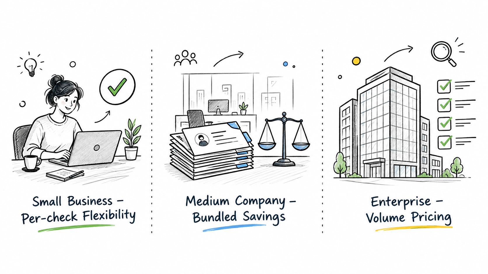 A hand-drawn illustration showing three business tiers: Small Business, Medium Company, and Enterprise, representing scalable screening services.