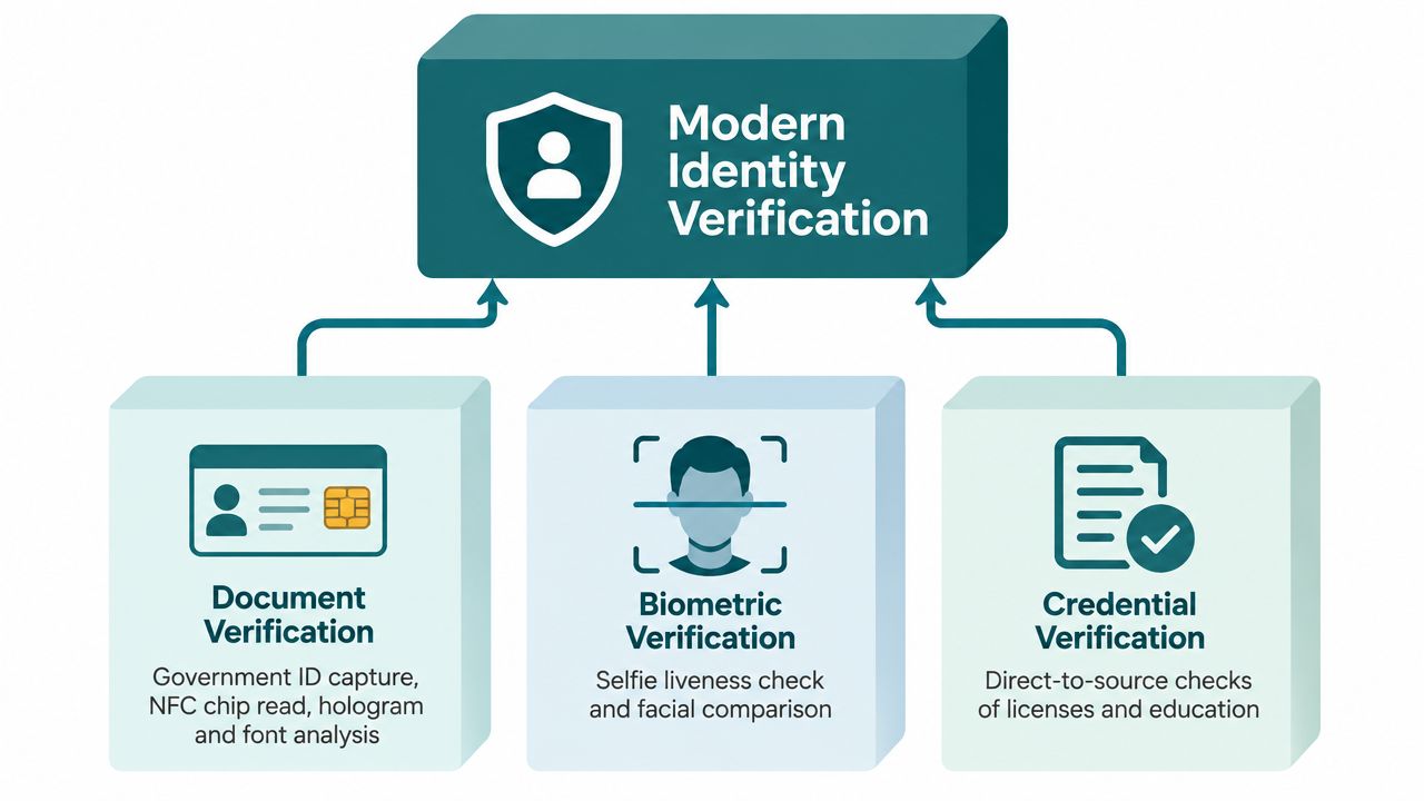 A diagram illustrating modern identity verification services including document, biometric, and credential verification processes.