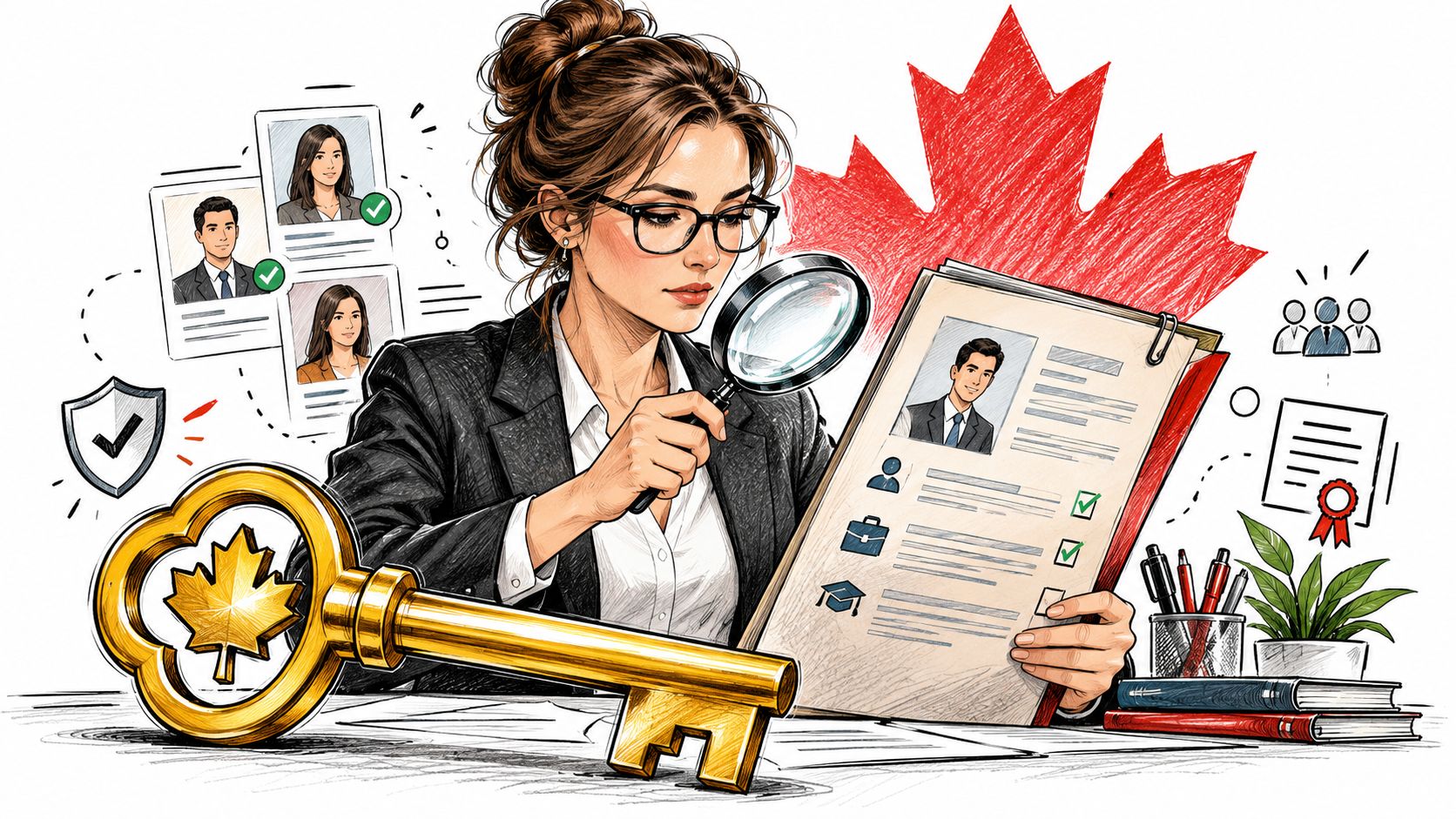 A professional woman uses a magnifying glass to review immigration documents with a Canadian maple leaf symbol.