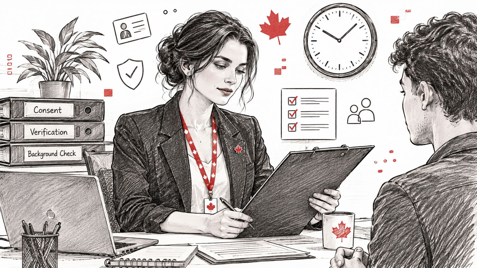 A professional human resources officer reviewing documents with a candidate during a formal office interview process.