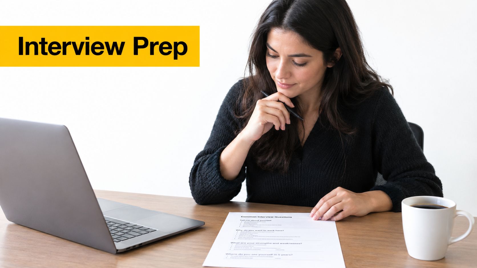 A focused woman reviewing interview questions on a paper document while working on her laptop.