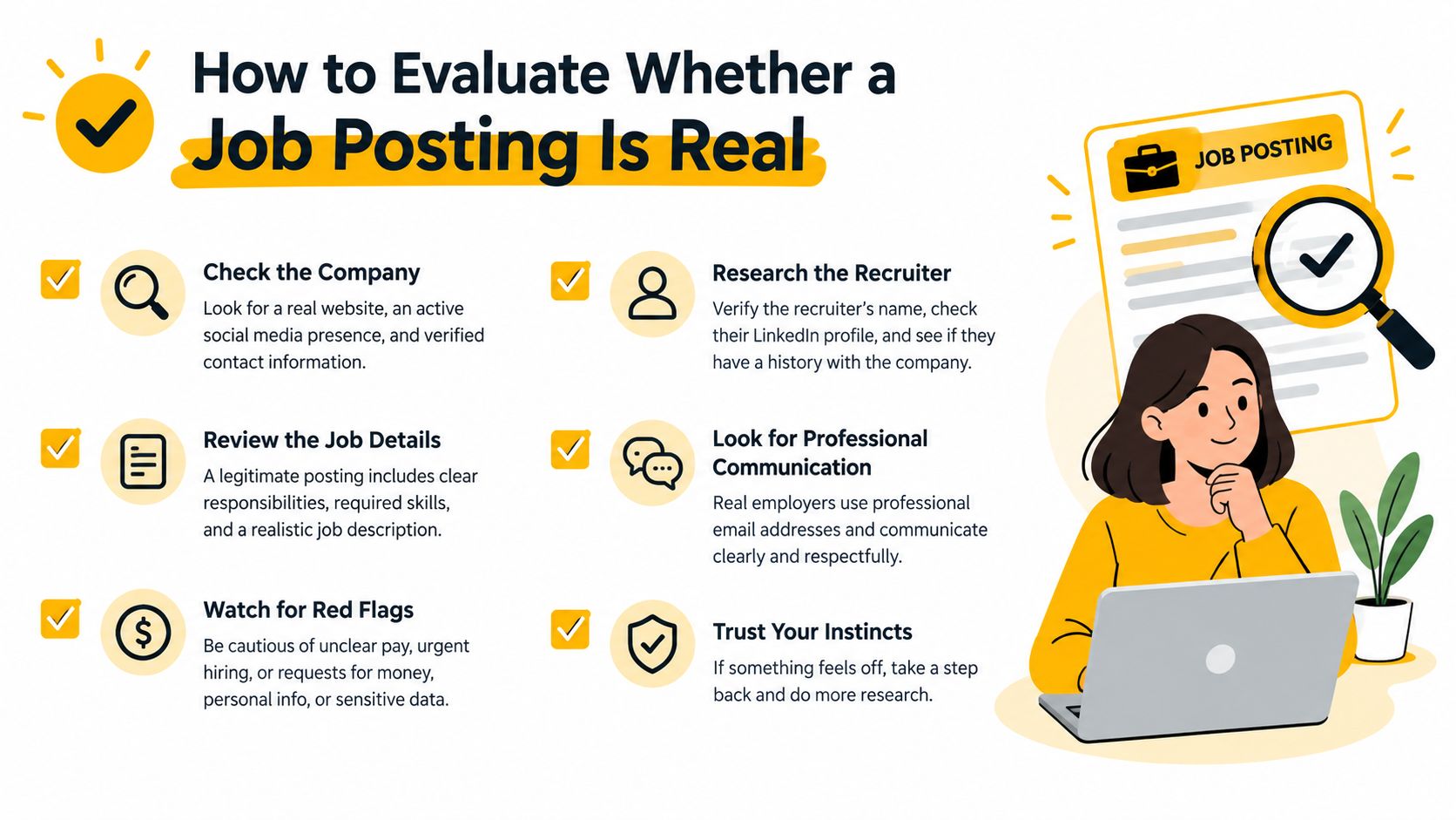 A guide on how to evaluate if a job posting is real, featuring tips and illustrations.