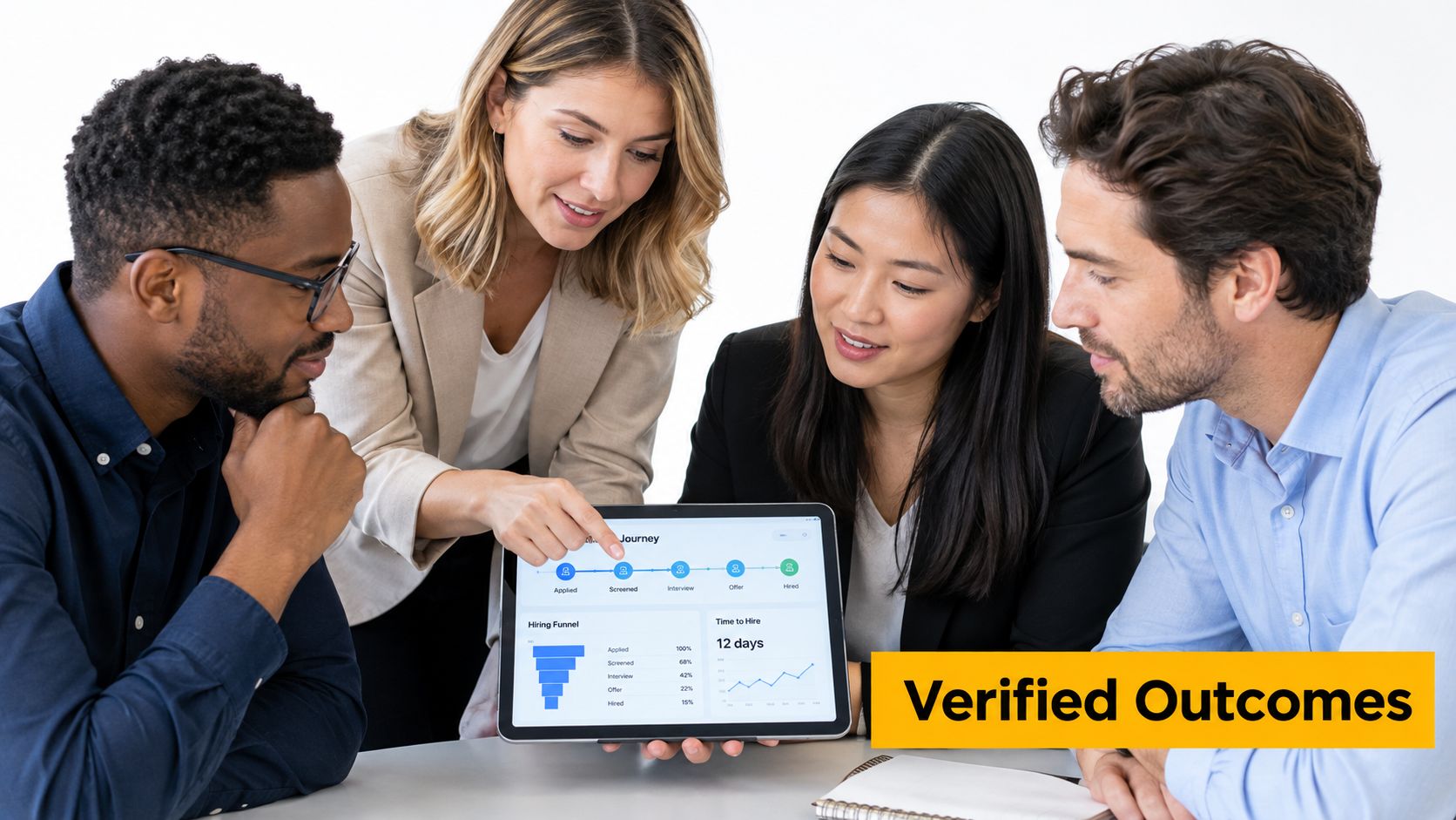 A diverse team of business professionals collaboratively reviewing recruitment metrics on a tablet screen in an office.