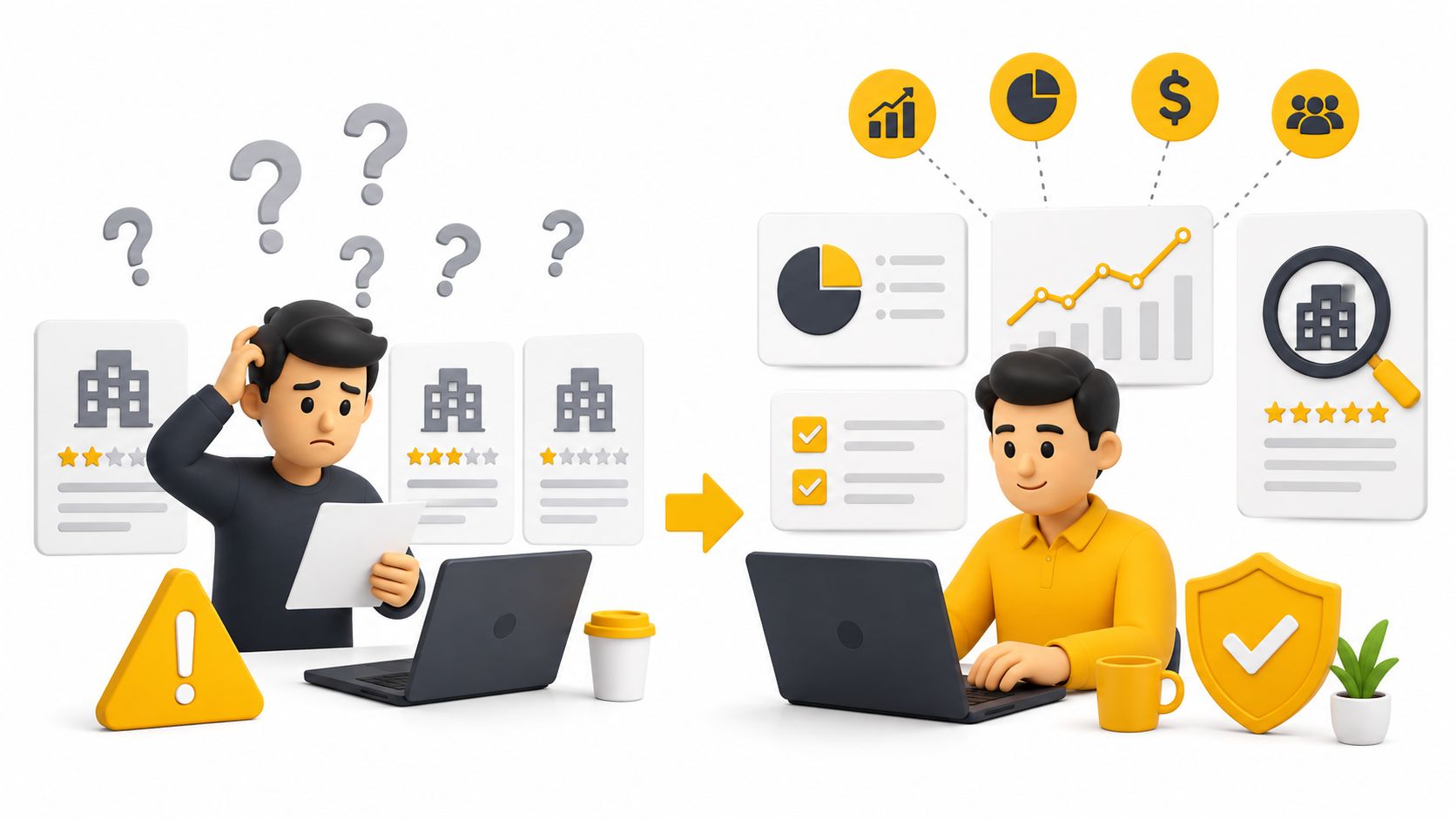A 3D illustration showing a person confused by multiple job applications transitioning to a confident, organized job seeker.