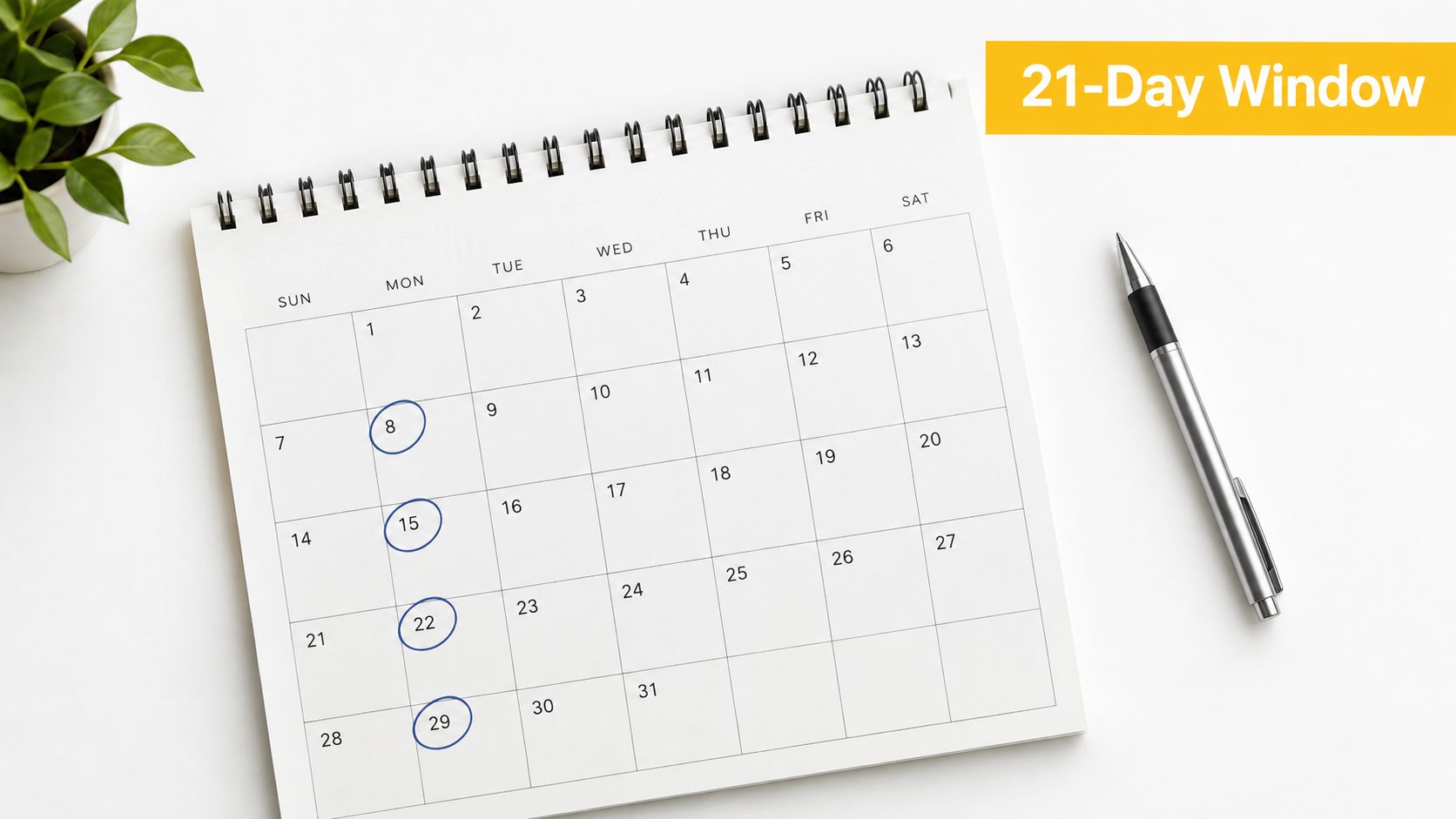 A monthly paper calendar on a desk with circled dates for planning a twenty one day window.