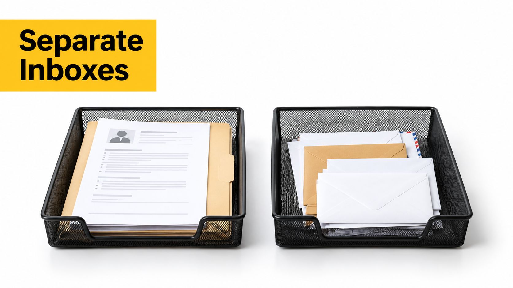 Two black wire mesh desk trays containing documents, resumes, and various letters on a white background.