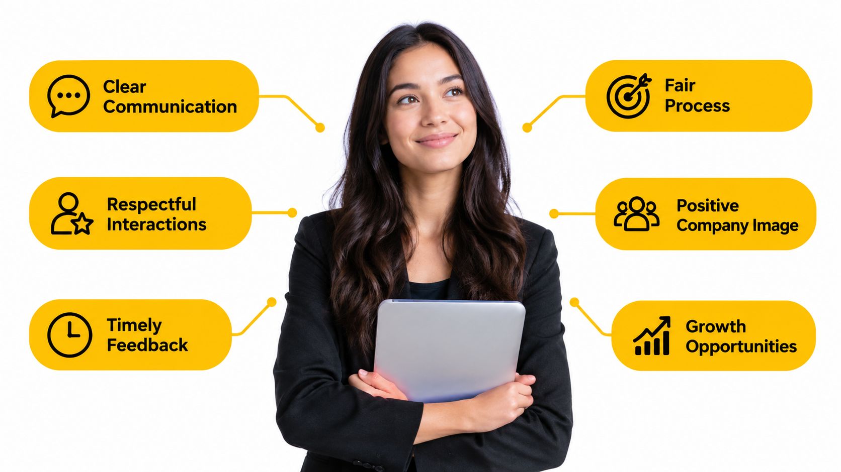 A professional woman holding a tablet surrounded by six key elements of a positive candidate experience.
