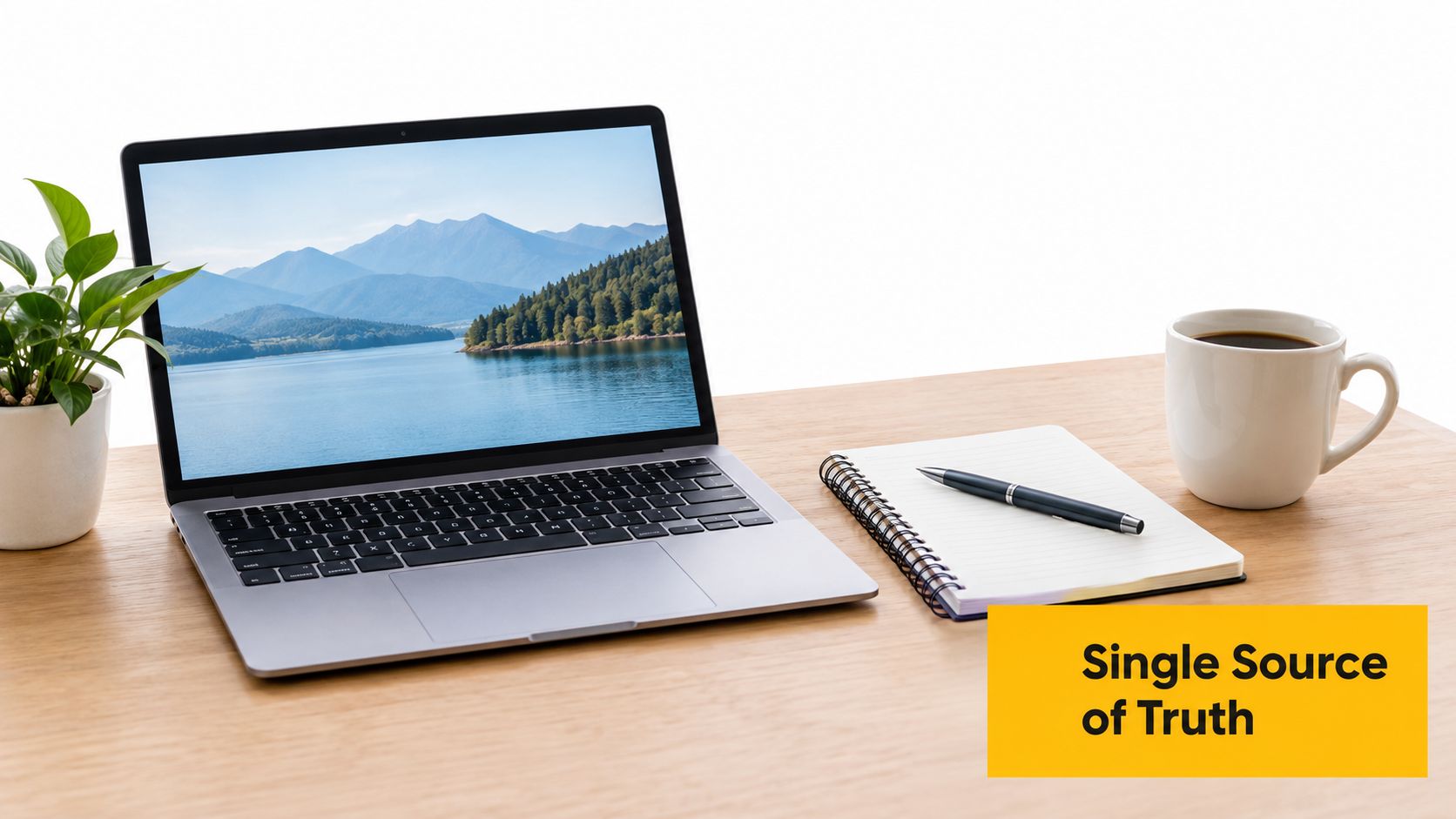 A clean desk workspace with a laptop, notebook, pen, coffee mug, and a small potted plant.