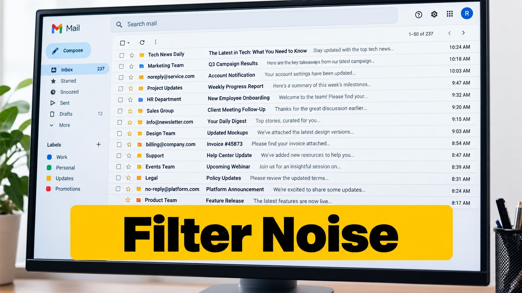 A computer monitor displaying a cluttered Gmail inbox with a large yellow overlay reading Filter Noise.