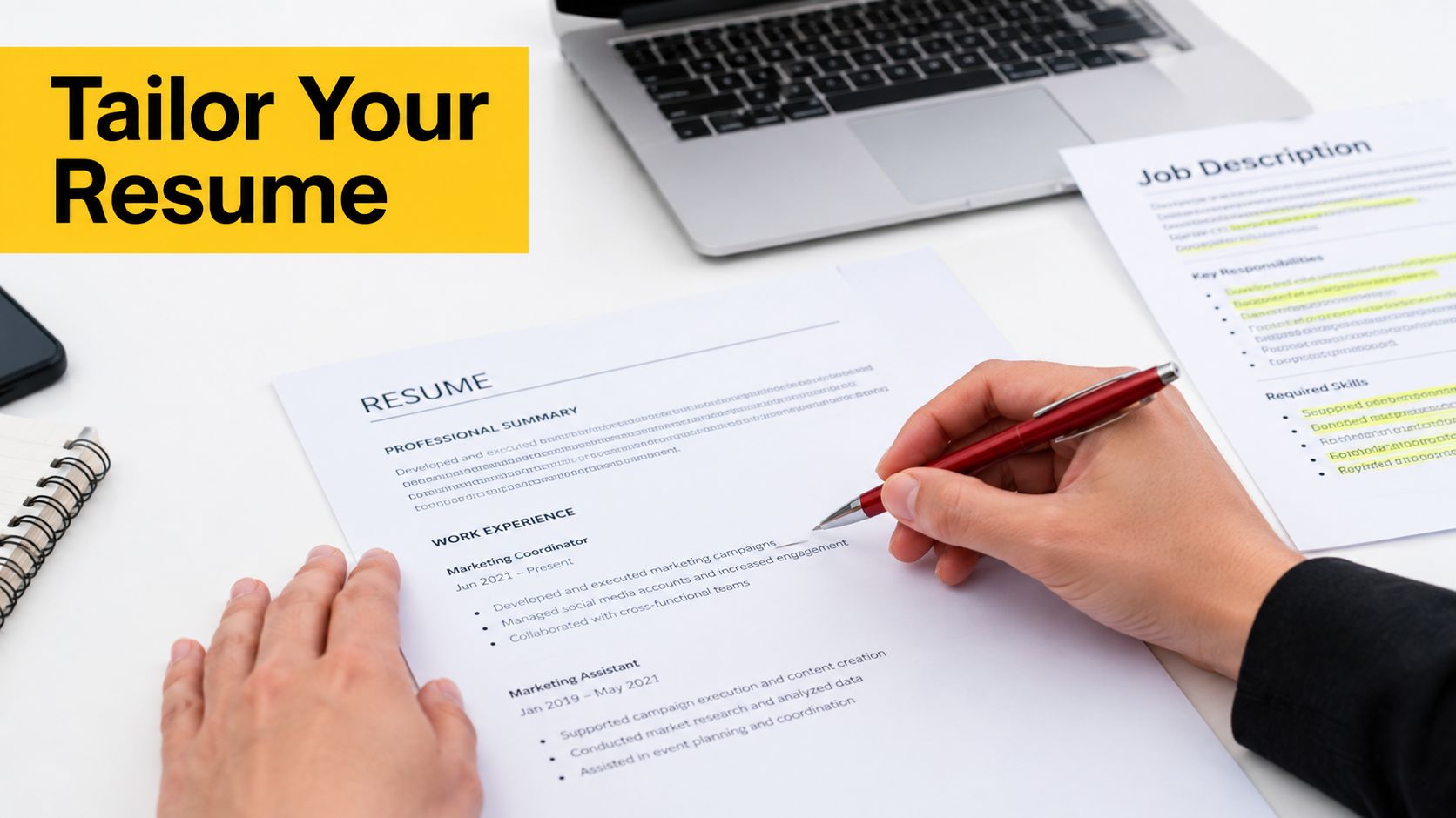 A person writing on a resume while referencing a job description on a white desk with a laptop.