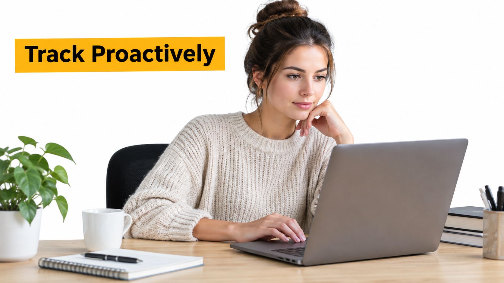A young woman in a beige sweater working proactively on her laptop at a clean office desk.