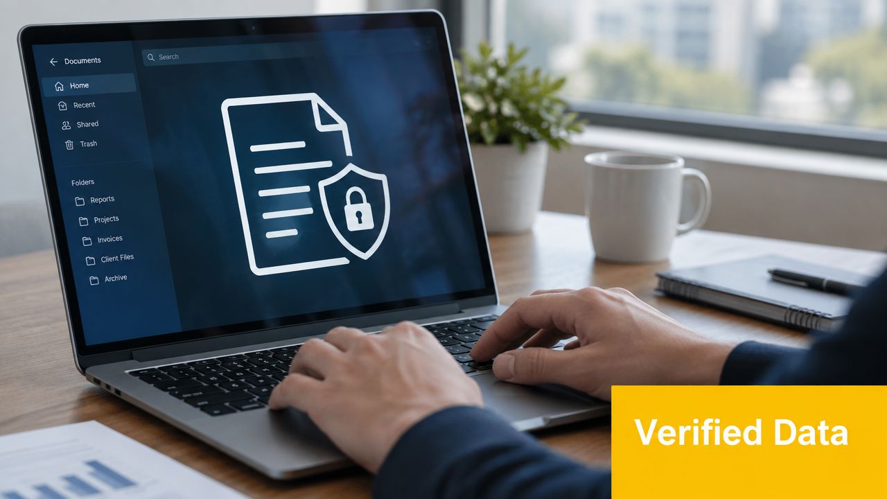 A professional working on a laptop displaying a secure document file icon representing verified digital data security.