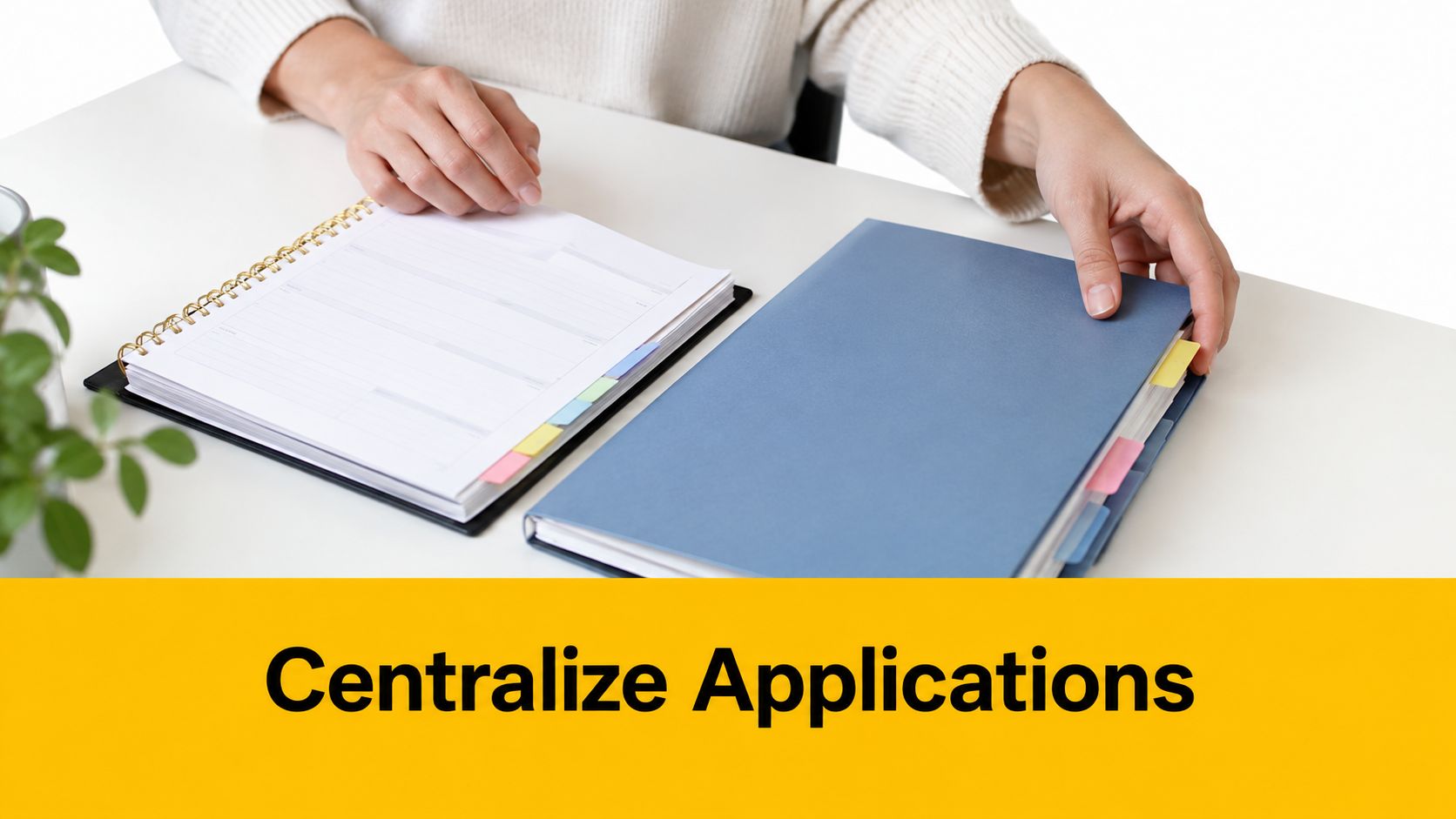 A person organizing professional documents and folders on a white desk to streamline job application processes.