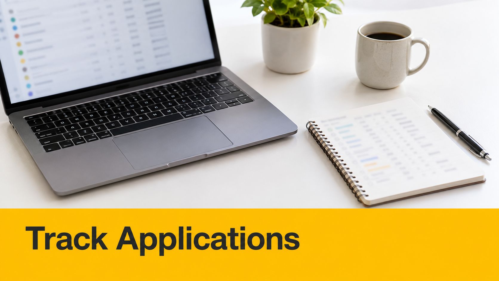 A modern workspace with a laptop, notebook, and coffee, emphasizing the theme of tracking job applications.