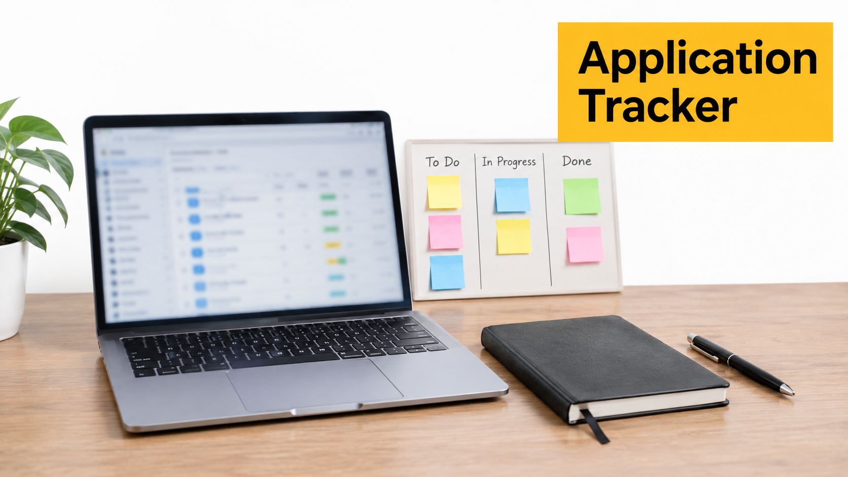 A workspace featuring a laptop, a Kanban board with sticky notes, and a notebook on a desk.