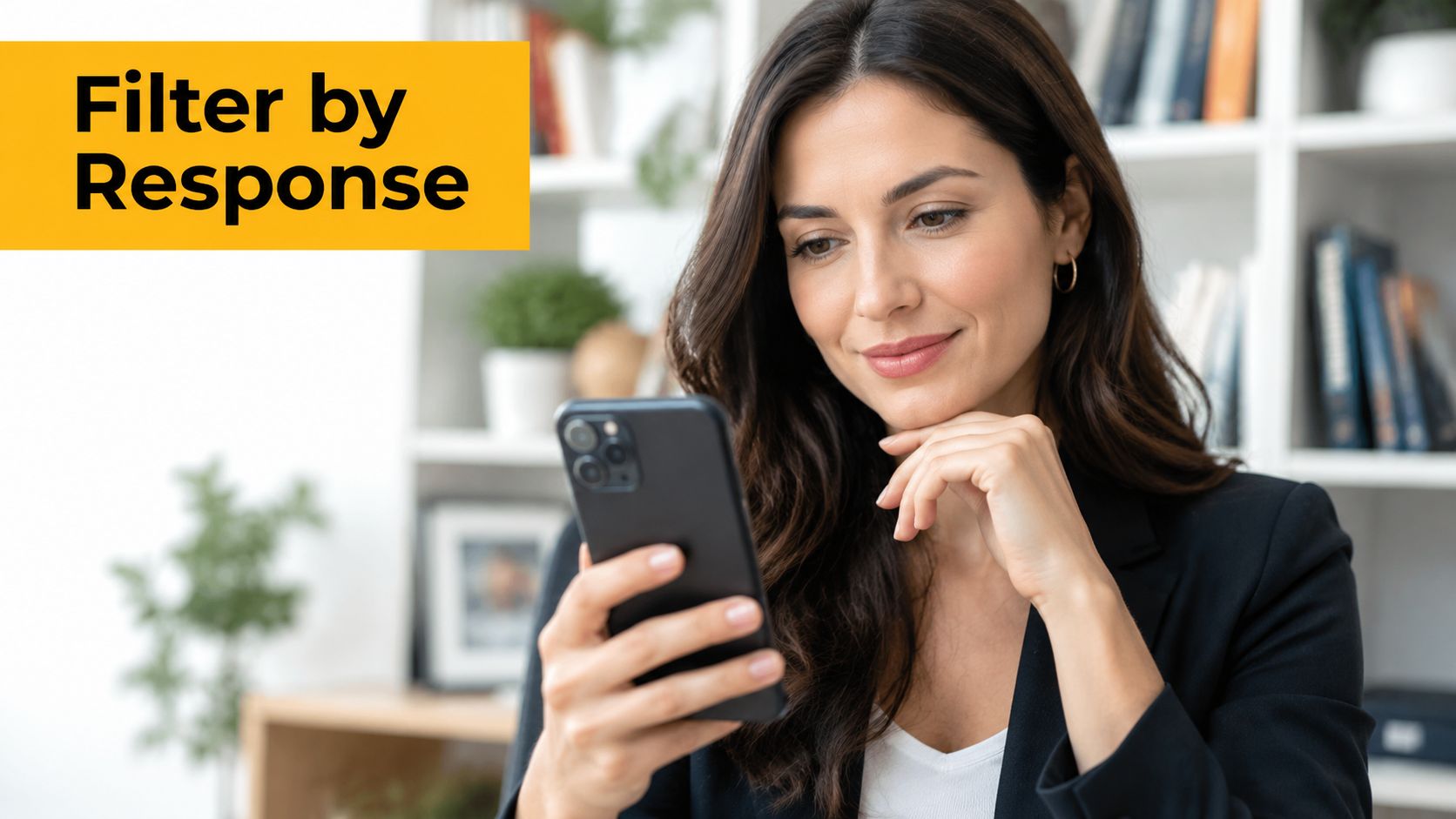 A professional woman looking at her smartphone while sitting in a modern office with bookshelves behind.