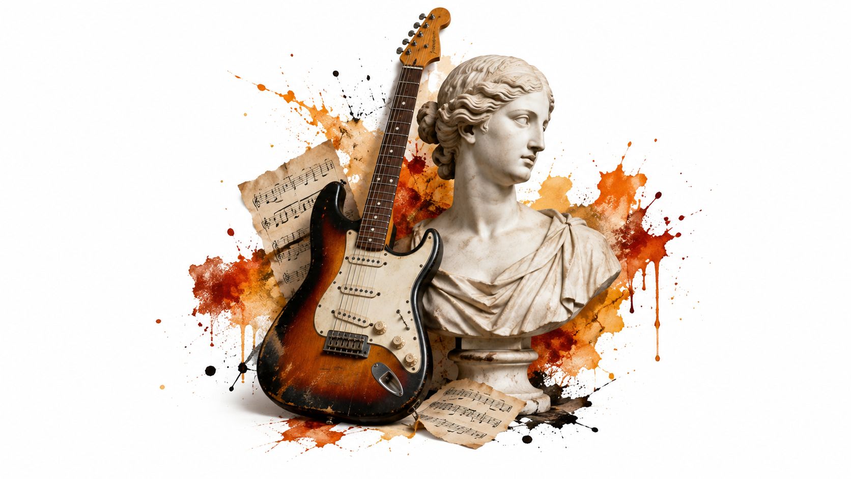 A classic sunburst electric guitar leaning against a marble bust of Aphrodite surrounded by artistic paint splatters.