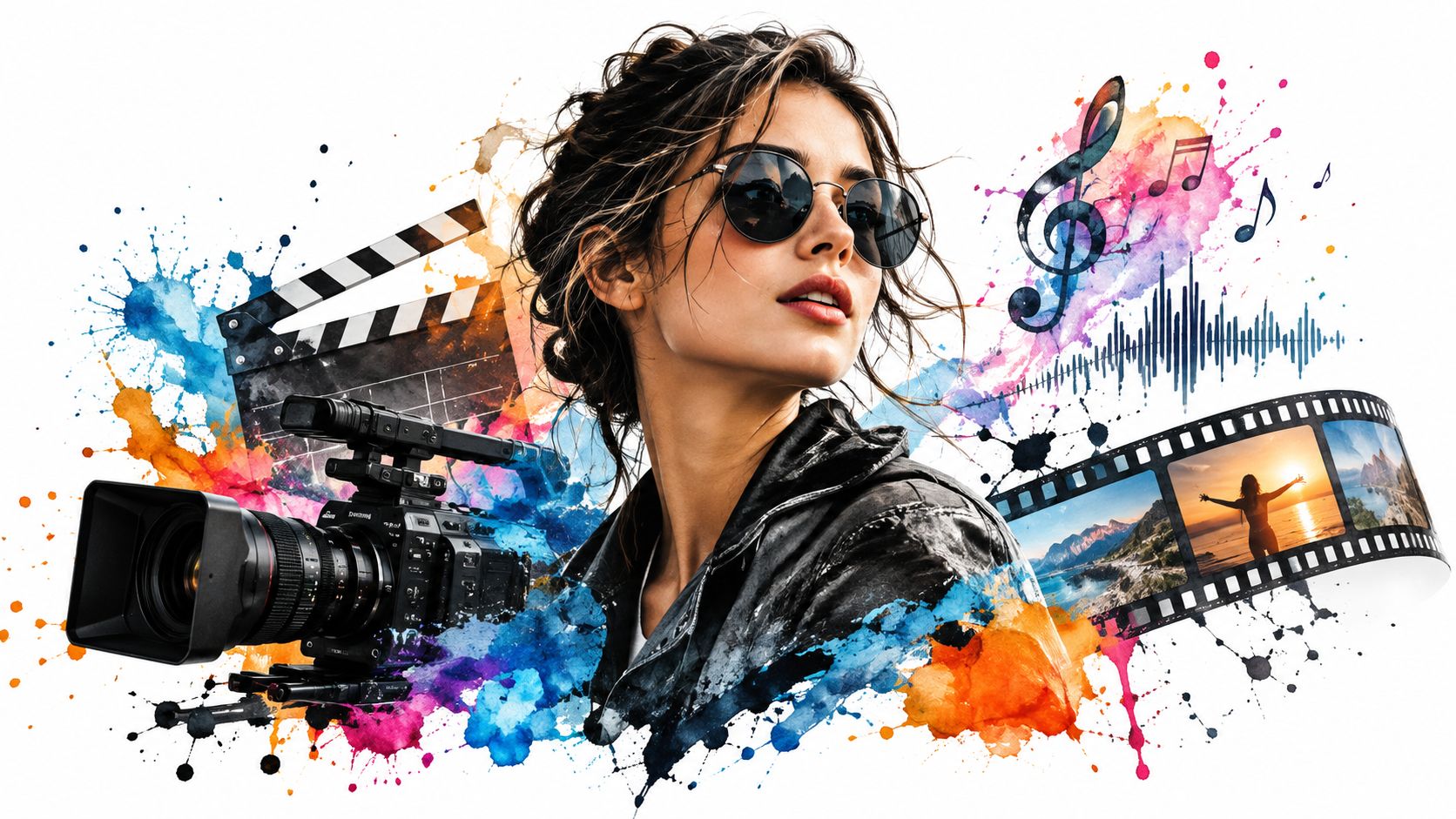 A woman filmmaker surrounded by colorful paint splashes, a movie clapboard, film strips, and musical notes.