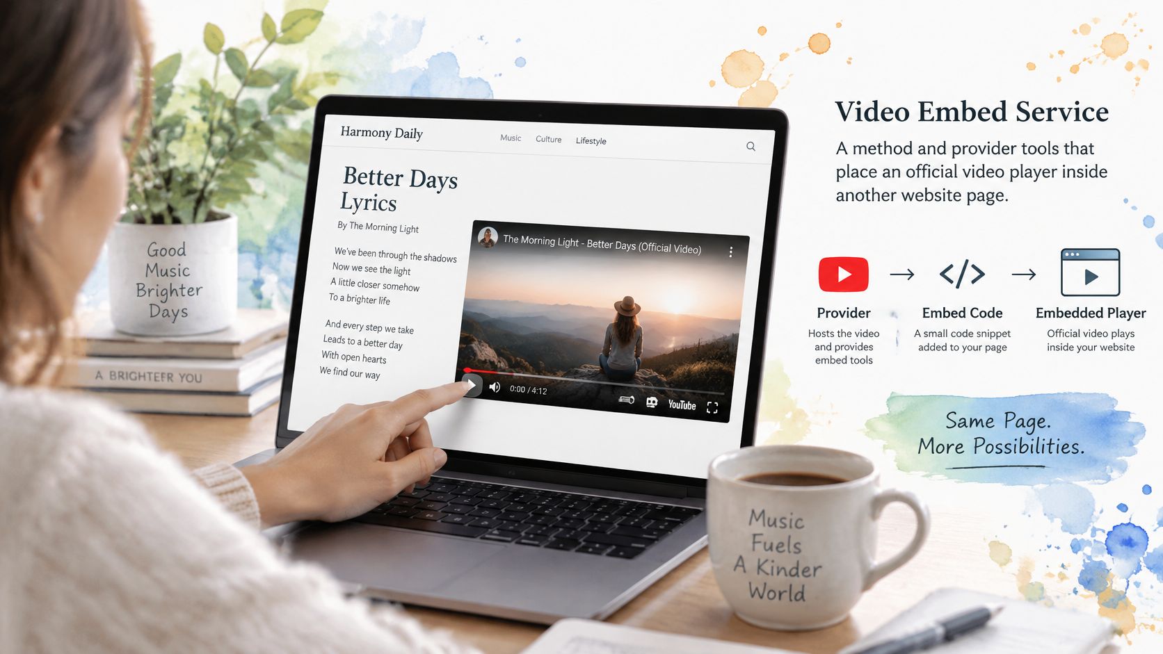 A person using a laptop to view a video embed service tutorial on a website interface.