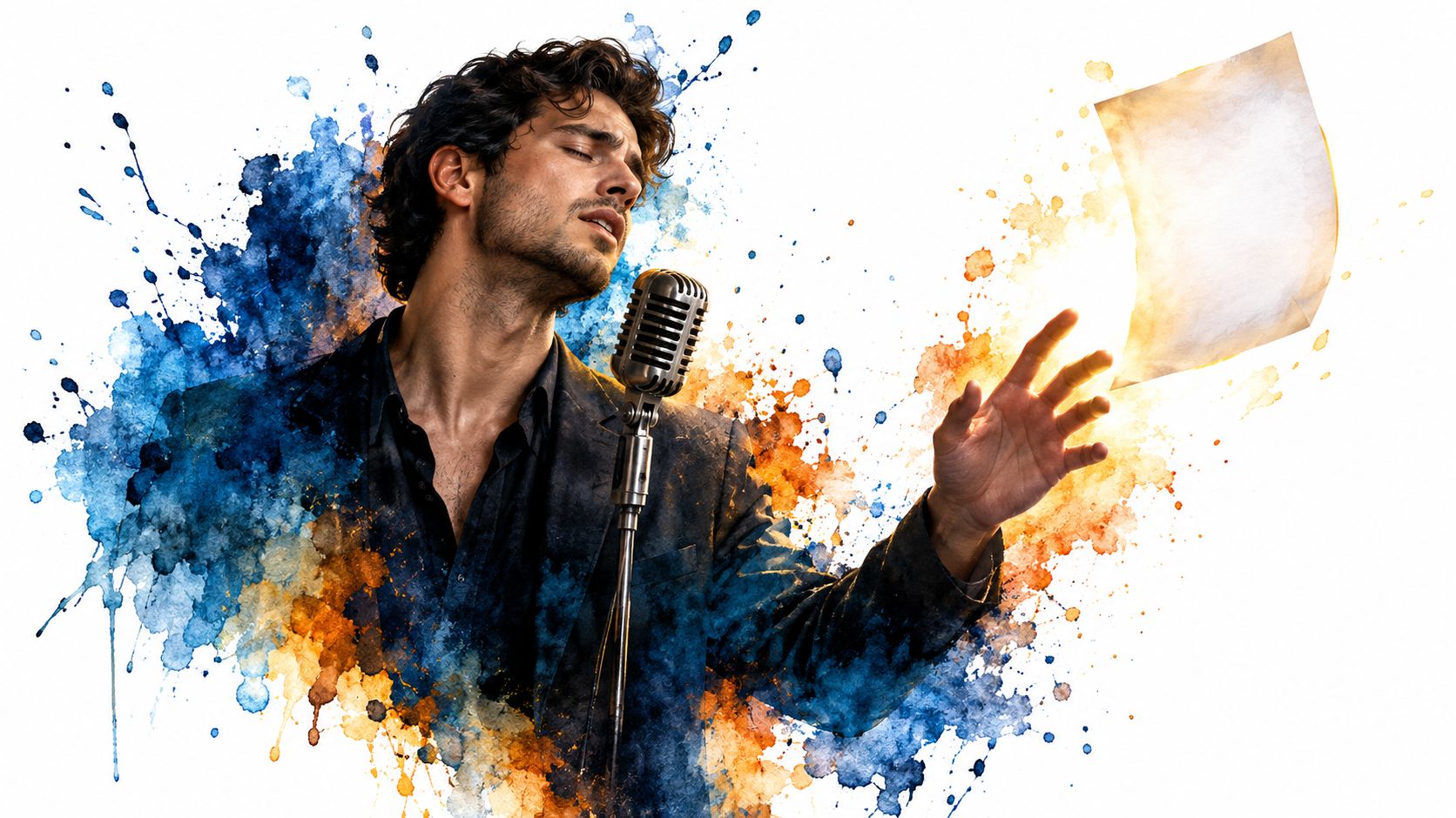 A man singing into a vintage microphone surrounded by artistic blue and orange watercolor paint splashes.