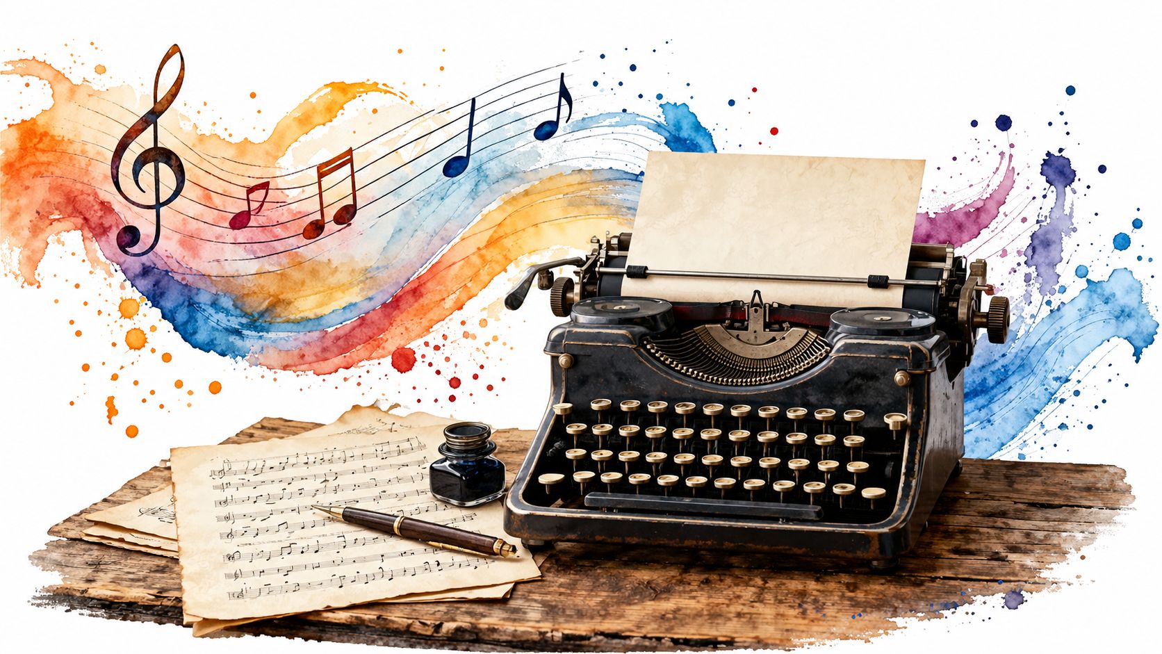 A vintage typewriter sits on a rustic wooden desk next to sheet music and an ink pen.