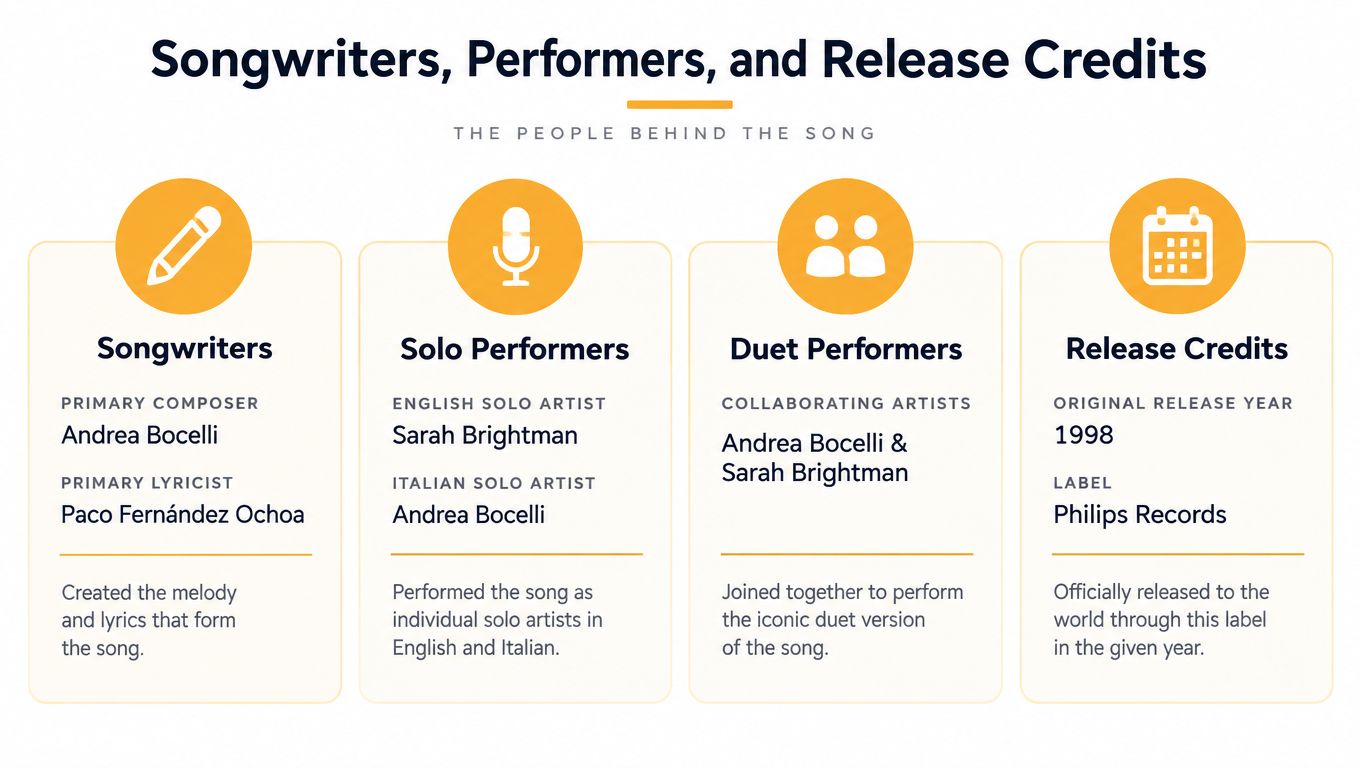 An infographic detailing the songwriters, soloists, duet performers, and record label for the song The Prayer.