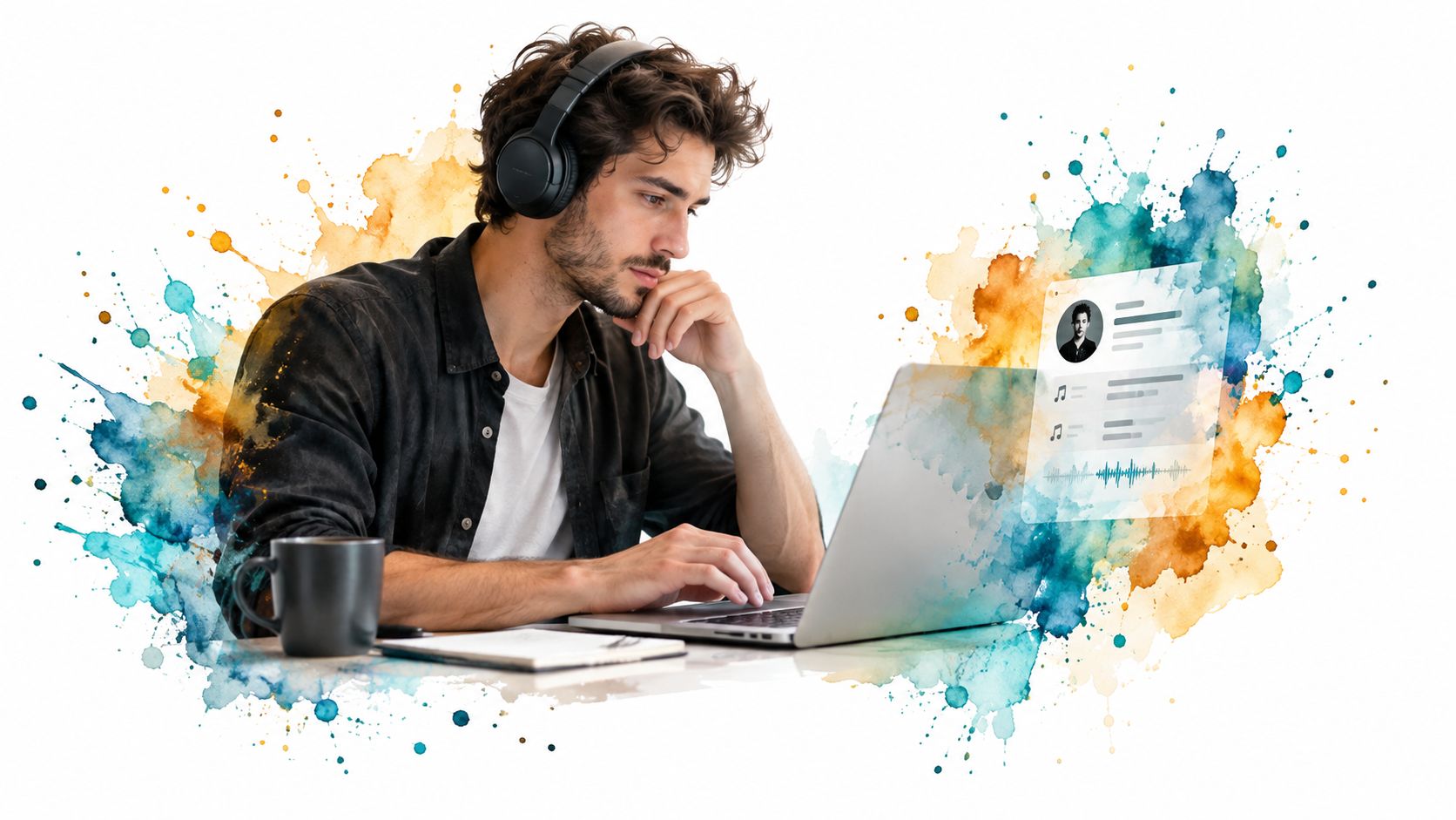 A focused man wearing headphones works on a laptop, surrounded by artistic watercolor paint splashes.