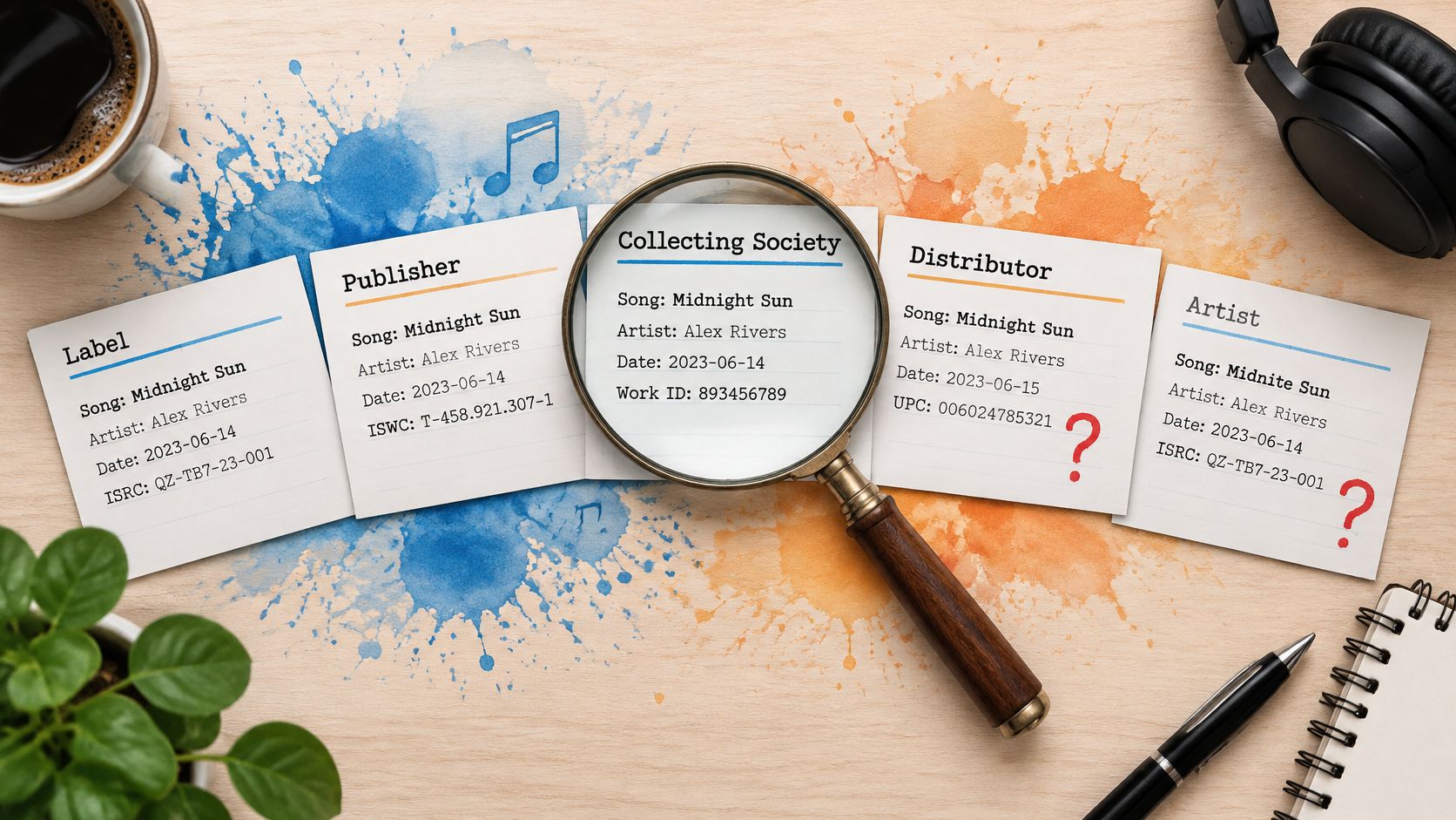 A magnifying glass examining notes containing music metadata including song titles, artist names, and registration codes.