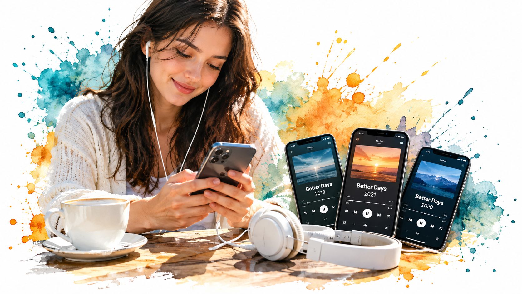 A woman smiling while listening to music with wired earphones, accompanied by coffee and phones displaying music.
