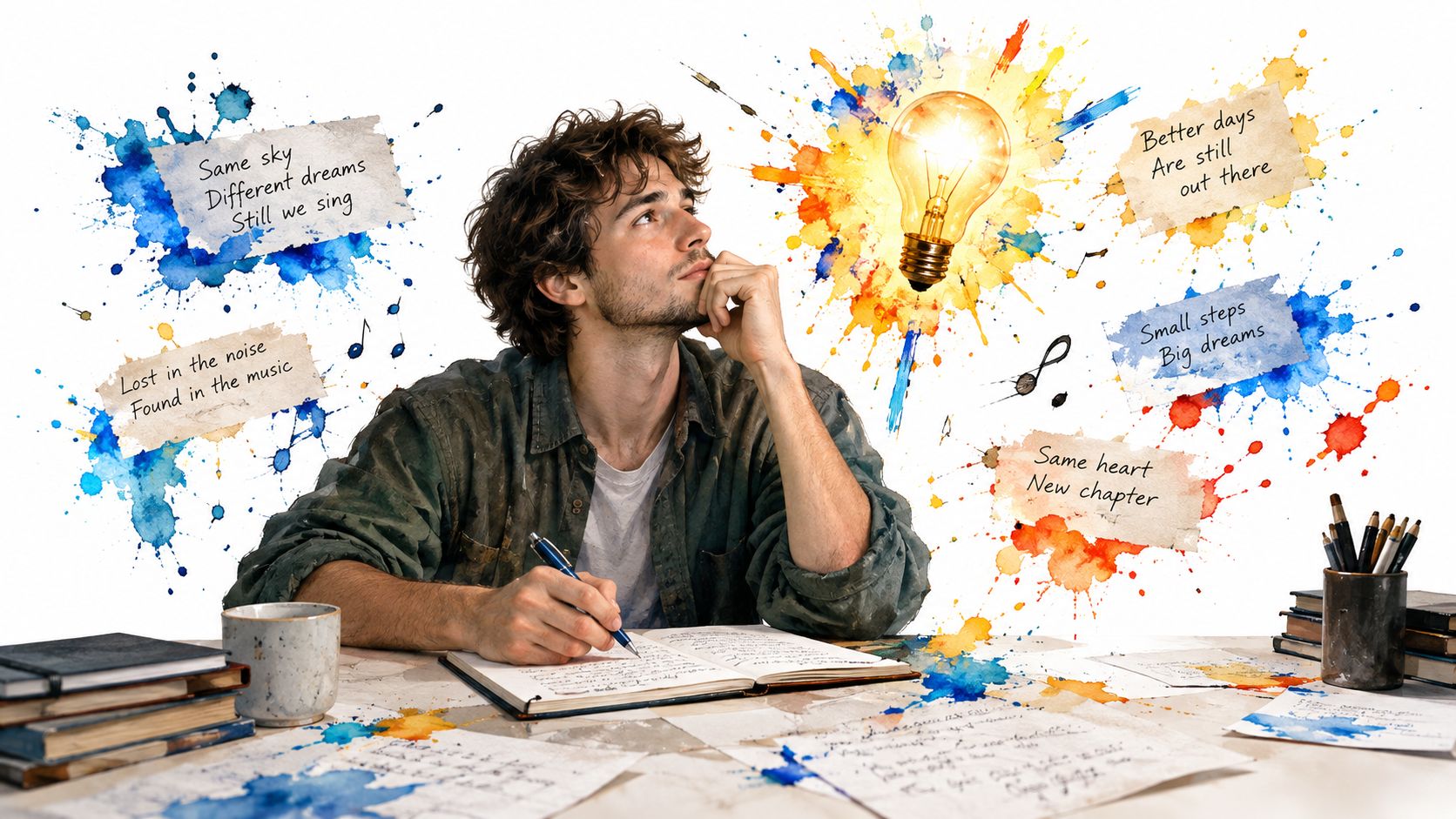A contemplative young man sitting at a desk writing song lyrics surrounded by colorful artistic splashes.