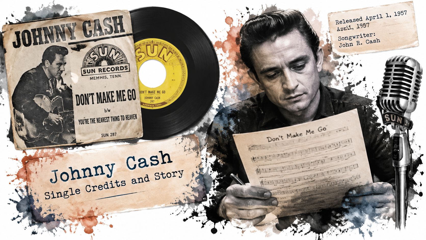Vintage record sleeve and sheet music for Johnny Cash's song Don't Make Me Go from 1957.