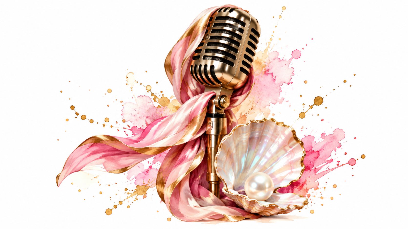 A golden vintage microphone wrapped in a flowing pink silk scarf next to an open seashell with a pearl.
