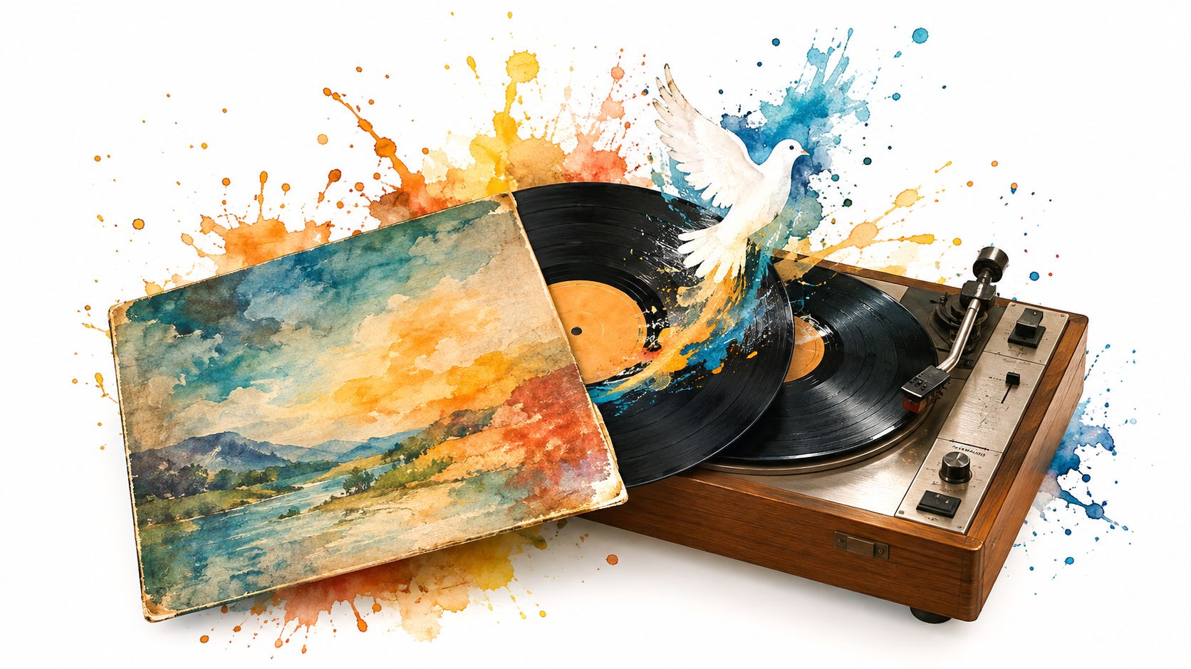 A watercolor illustration of a record player with a white dove emerging from a vintage vinyl record.