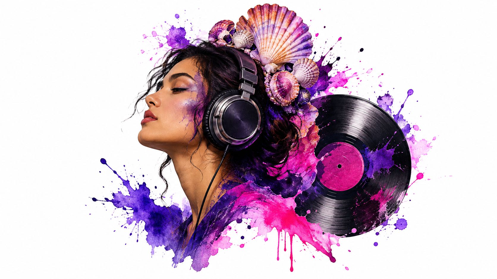 A woman with seashells in her hair listening to music with headphones next to a vinyl record