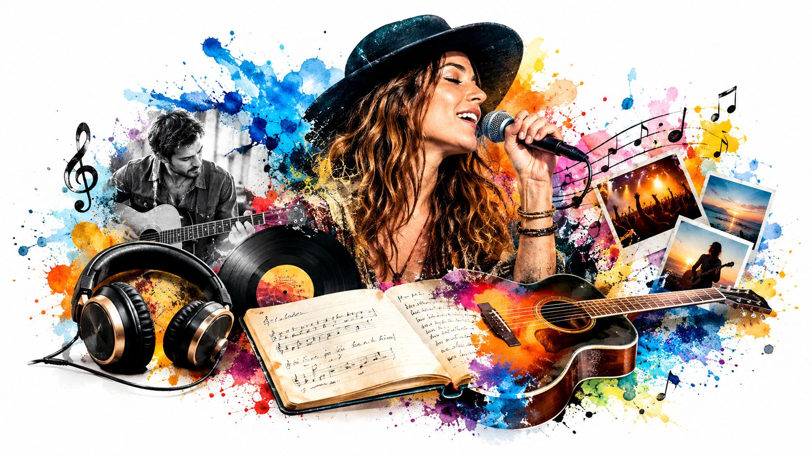 A vibrant musical collage featuring a woman singing, a guitarist, sheet music, and colorful artistic paint splashes.