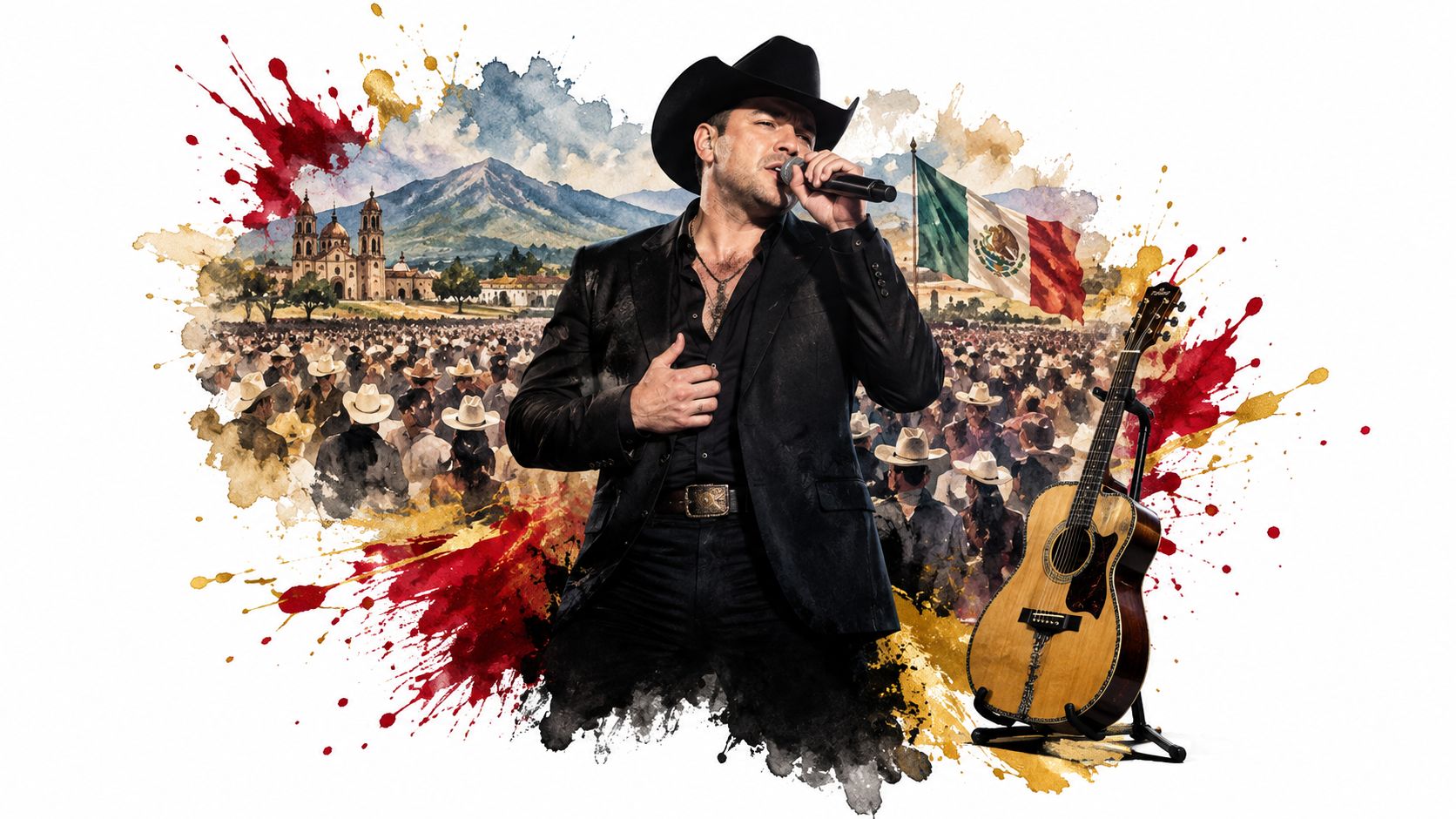 A male Mexican singer in a cowboy hat performing on stage with a guitar and audience.