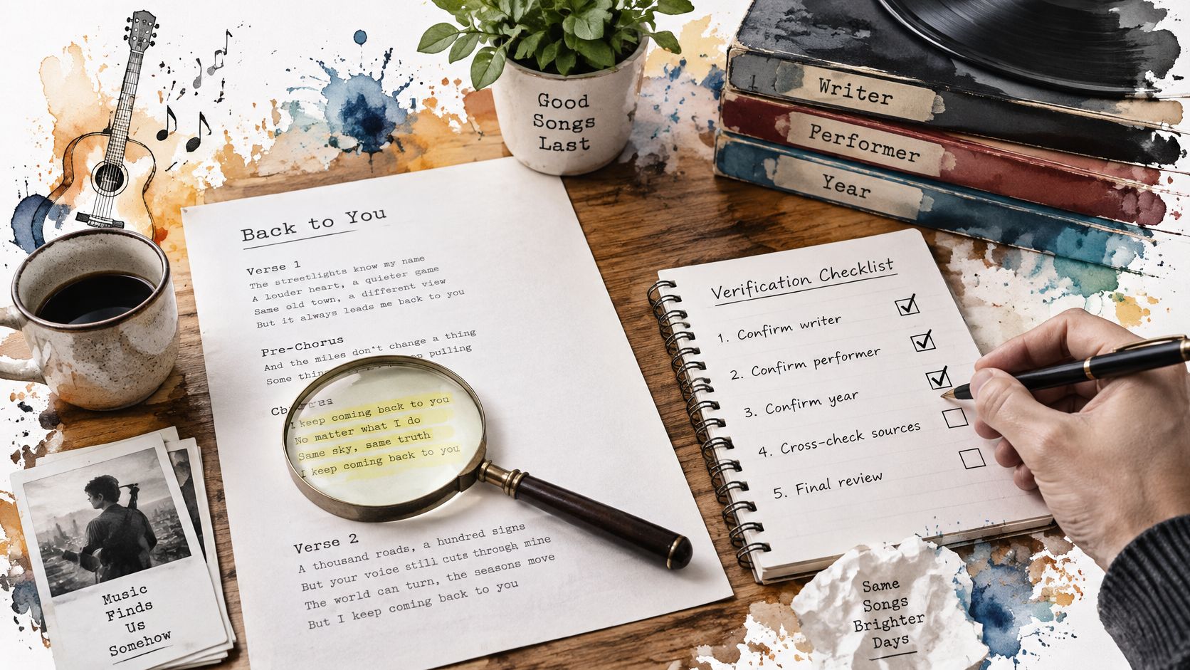 A songwriter's desk featuring song lyrics, a magnifying glass, a checklist, and a coffee mug.
