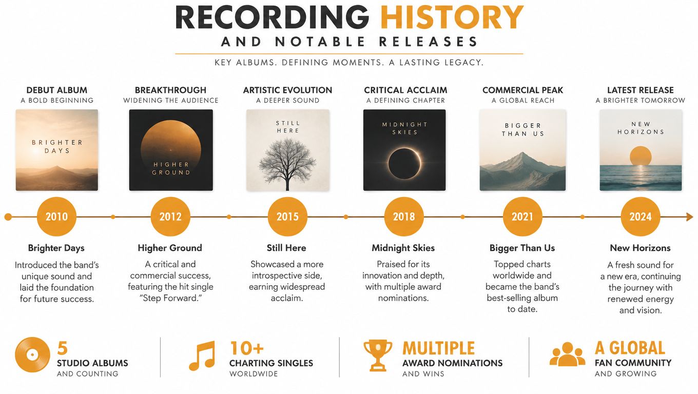 A timeline graphic showing the recording history, key albums, and milestones of a musical band.