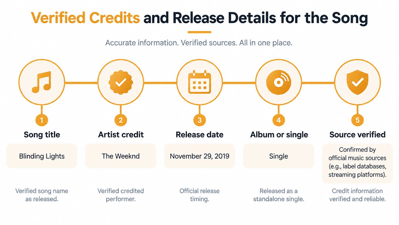 An infographic detailing the verified credits and release information for the song Blinding Lights by The Weeknd.