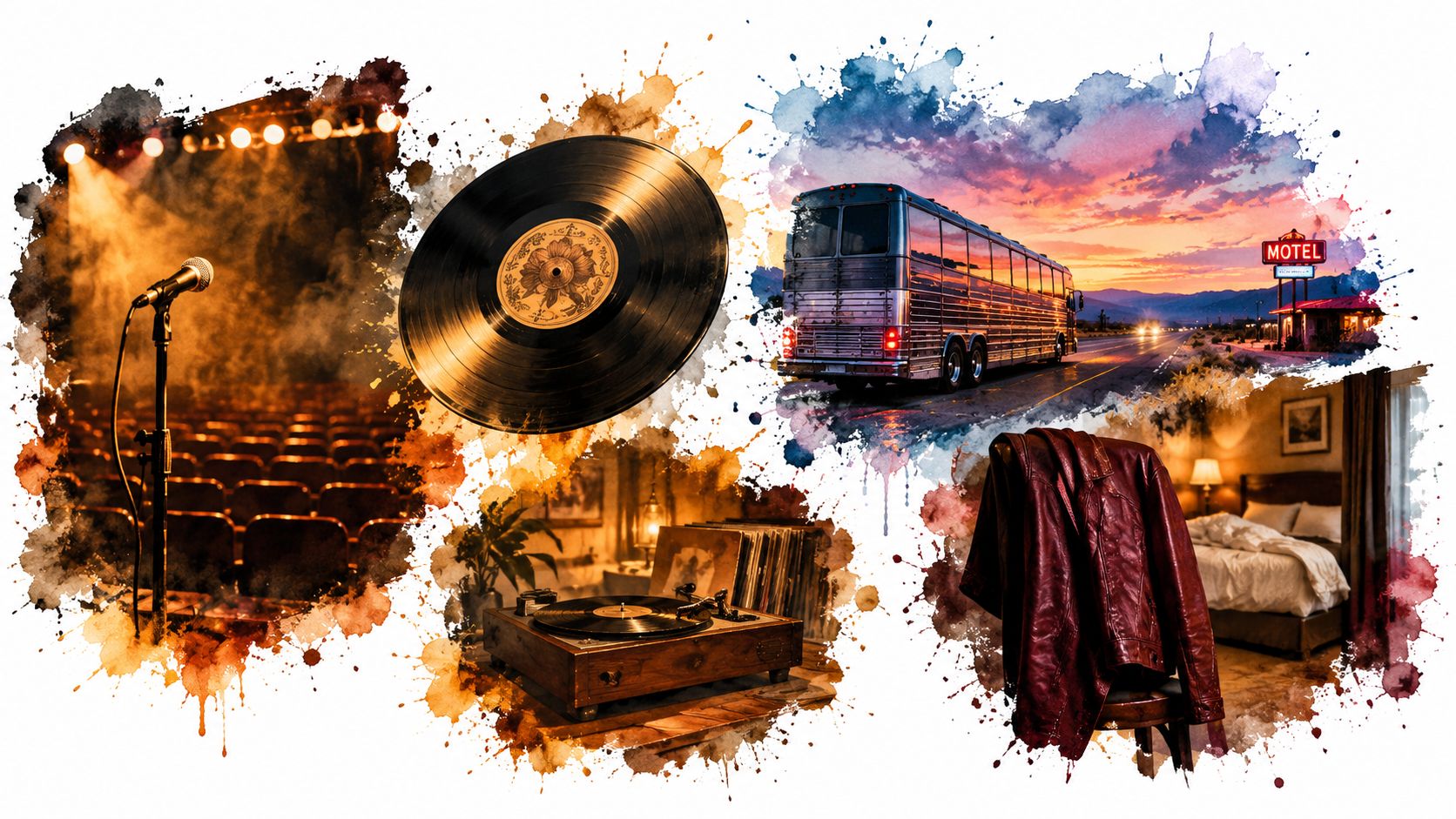 A collage showcasing elements of the music touring life including a microphone, vinyl records, and motel.