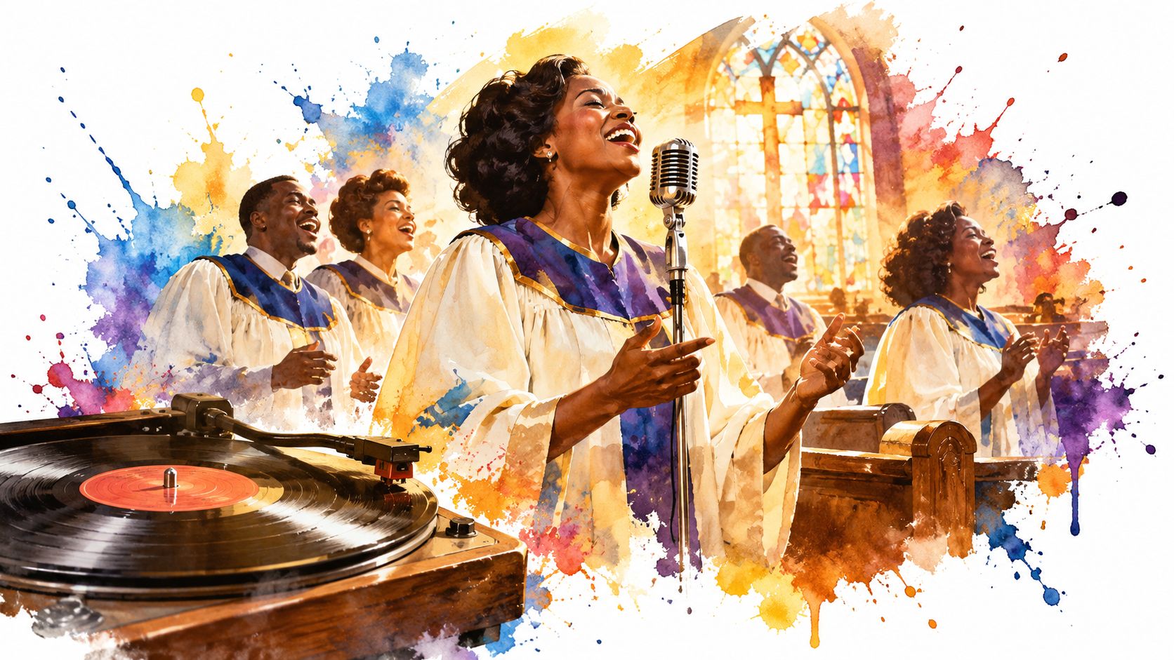 A gospel choir singing joyfully in a church with a vintage vinyl record player in the foreground.