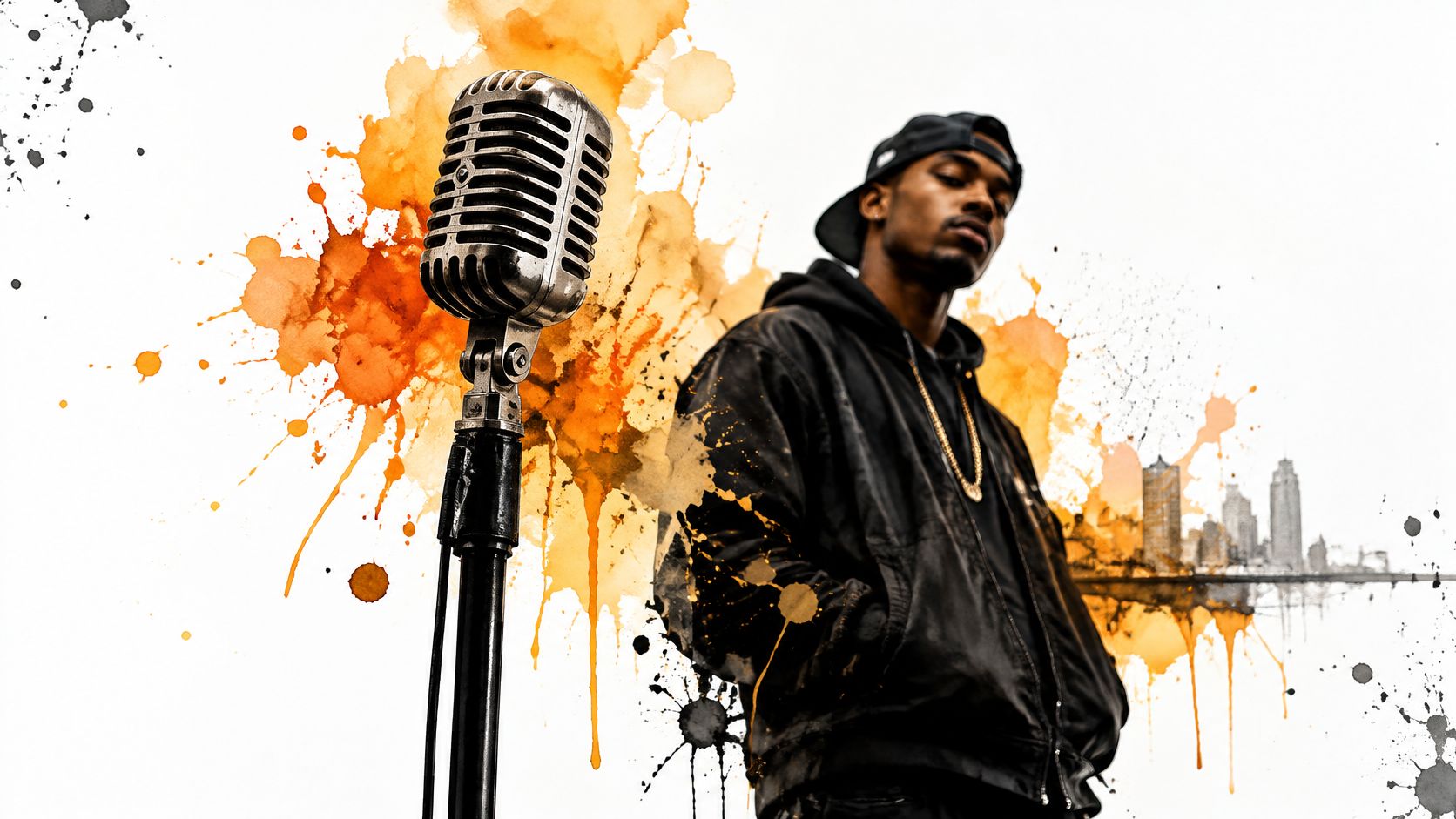 A artistic portrait of a rapper with a vintage microphone against an orange watercolor splash background.